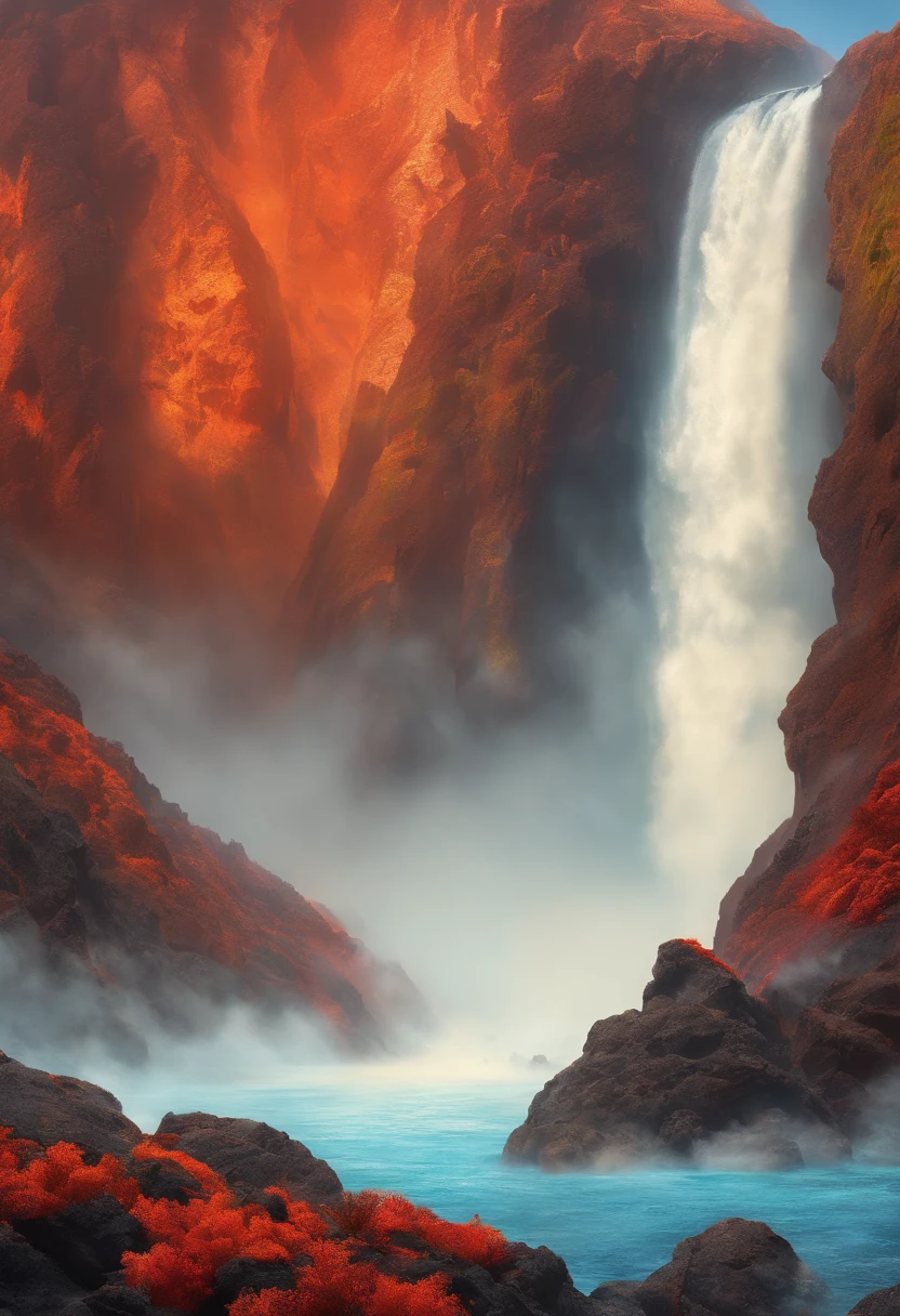 National Geographic style picture, Award winning,(best detailed: 1.5), an picture of an epic sized waterfall in the volcano at midday , an (epic sized waterfall: 1.3), water coming down from a volcanic cliff, multi level water falls, several pools created in different levels, forming new waterfalls, water cascading into a (large lava pool: 1.3) steam rising, clear water in many hues of blue and azure falling, hitting a pool of lava in colors of orange and red, boiling lava, you can see the water hitting the pool and (steam of fog rising from the pool: 1.2) , drops of water splashing around, volcanic cliff background, a long shot, photorealistic, 16k, RAW, award winning, (best detailed: 1.5), masterpiece, best quality, (best detailed: 1.3), full body, ultra wide shot