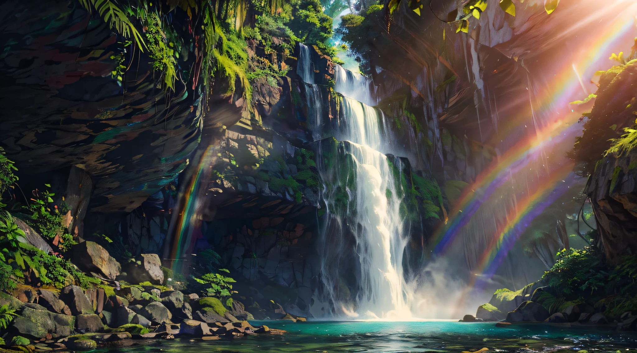 A majestic waterfall cascading down a rocky cliff, sunlight filtering through the mist, creating rainbows in the spray, lush tropical rainforest surrounding the waterfall, a tranquil and serene atmosphere, Photography, DSLR camera with a wide-angle lens, f/8 aperture