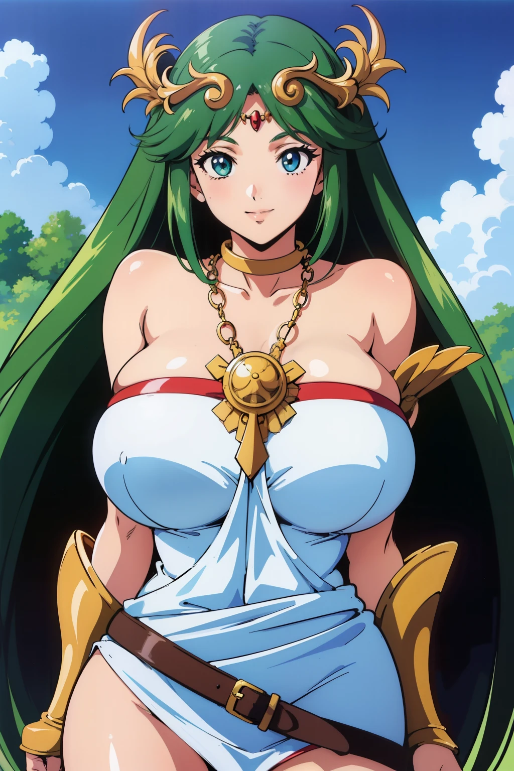 1990s anime cels style, 1990s manga style, best quality, high resolution, 1girl, (????????????:1.2), Beautiful face, smile, hmpa1, palutena, parted bangs, tiara, ?????????????, necklace, ???? shoulders, strapless dress, vambraces, belt, white dress, white thighhighs, single thighhigh