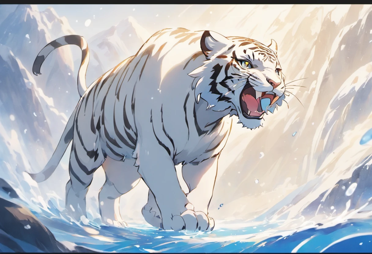 White is the main color of animals,White tiger,Black eyes sparkle,Posture of descending the mountain,The tiger movement exudes majesty,There is a sense of domineering,The tiger is a bit wrapped in the water element,The background is mountainous。