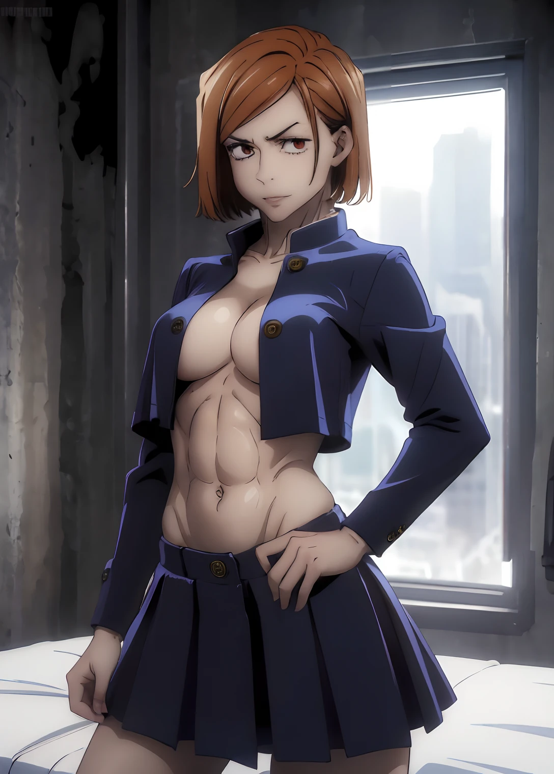 ((top quality, 8k, masterpiece: 1.3, ultra hd, high quality, best quality, high definition, realism)), sharp focus: 1.5, Model Nobara kugisaki with a muscular body, orange eyes, Mole under the outer edge of the eye, Short orange hair, Small breasts, Abs, Arm muscle, Open shirt buttons showing breast cleavage, Open mini skirt, Visible abs, Sexy and seductive pose On Bed, thighs wide open