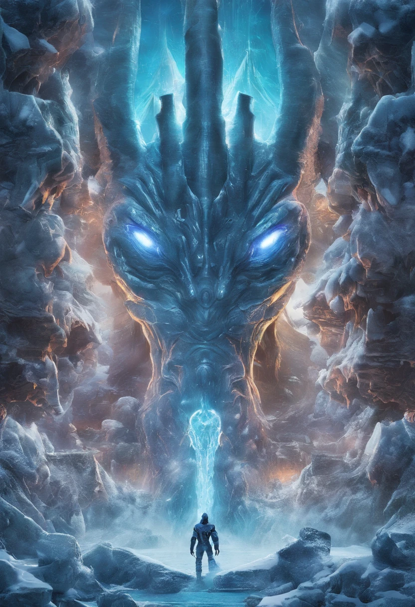 a close up of a cell phone with a picture of a giant blue creature, this character has cryokinesis, as an ugly titan, frost giant, if he had ice powers, ice lord, big titan creature in the center, raziel irl, armor made of ice, frozen like a statue, from cryptid academia, scary sharp icy, swamp monster of ice