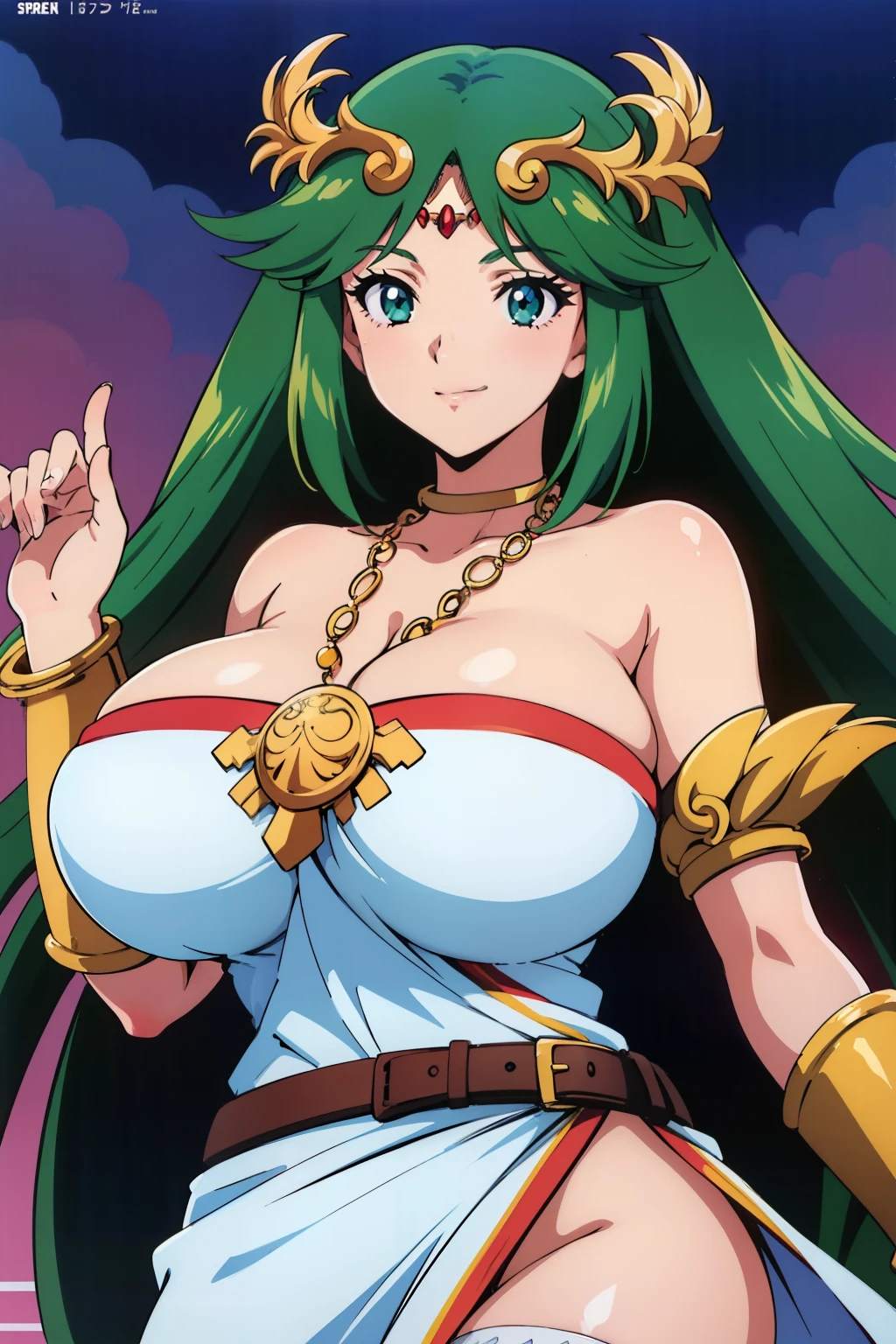 1990s anime cels style, 1990s manga style, best quality, high resolution, 1girl, (huge breasts:1.2), Beautiful face, smile, hmpa1, palutena, parted bangs, tiara, large breasts, necklace, bare shoulders, strapless dress, vambraces, belt, white dress, white thighhighs, single thighhigh