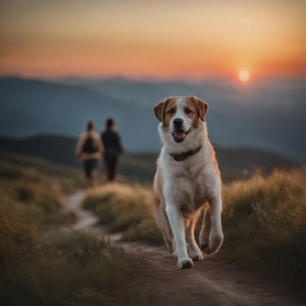 A dog with its owner, seen from behind, walking at sunset on a mountain trail. sunset, 80mm, f/1.8, dof, bokeh, depth of field, subsurface scattering, stippling