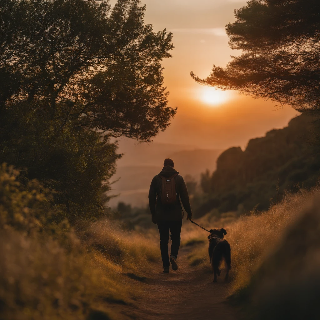 A dog with its owner, seen from behind, walking at sunset on a mountain trail. sunset, 80mm, f/1.8, dof, bokeh, depth of field, subsurface scattering, stippling
