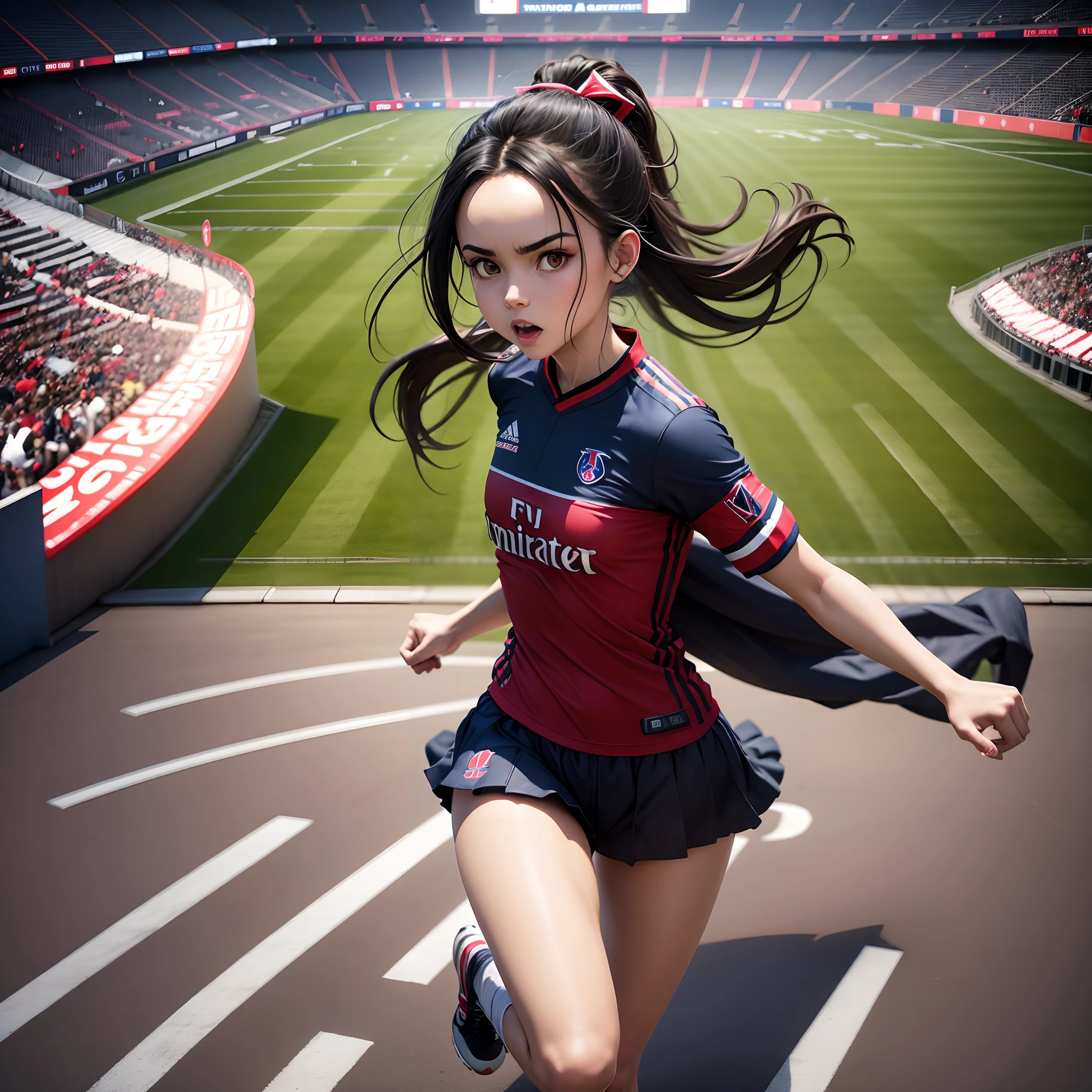 (Slayer daemon) Kamado Nezuko Paris Saint Germain jersey running in football stadium 8K Ultra HD resolution