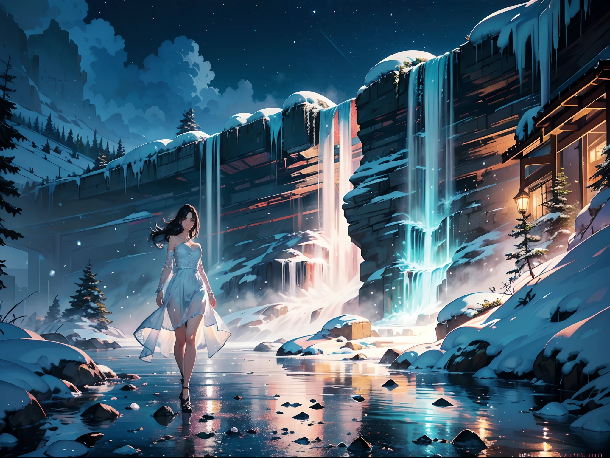 outfit design,(Best Quality), (masutepiece:1.3), (Photorealistic:1.36), (Realistic), Ultra-detailed, (Landscape Center, Distant perspective):1.4. Beautiful woman in a dress with intricate delicate design, Walk towards the frozen Waterfalls. Sparkling snow in the cold sky, Waterfalls, Beautiful face and glowing colorful eyes. Detailed description and bright colors. Gorgeous images in high quality.