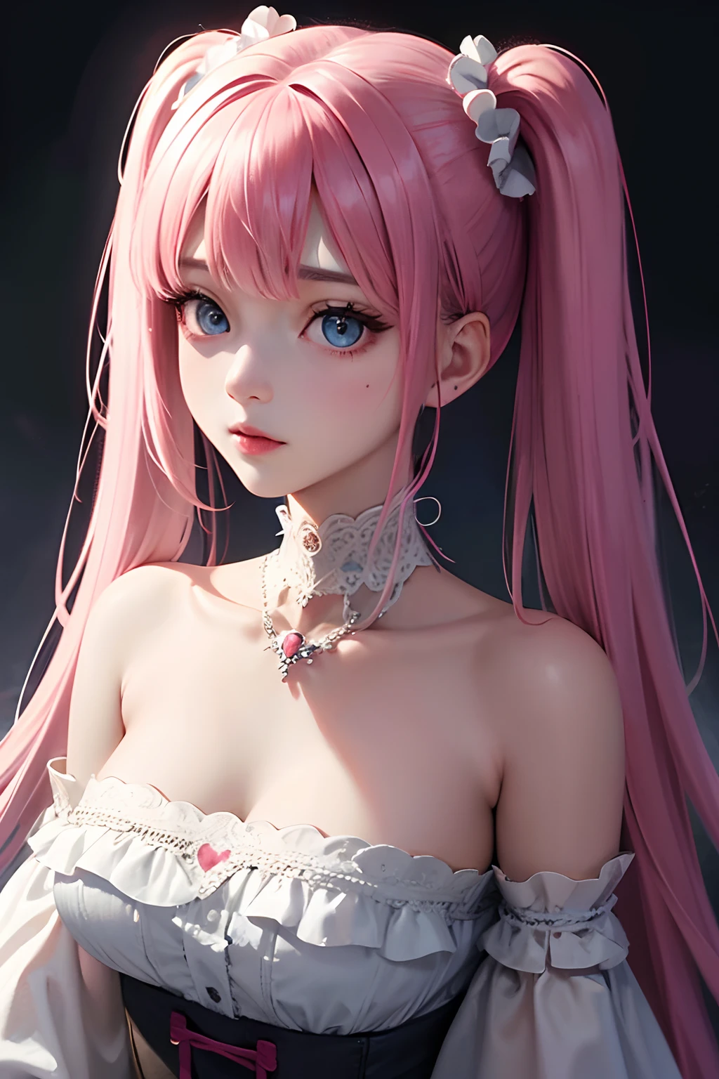 masterpiece, best quality, highly detailed, high resolution, expensive resolution, high resolution, 4k, 8k, uniform 8k wallpaper, highly detailed CG, masterpiece, 2d, 3d, beautiful details, depth, fine texture, best quality: 1.3, perfectly focused, sharp. skin, him, very cute anime girl, cute 20s girl in idol outfit, big , pink medium long hair in expensive clothes, mole under eye, looking at the viewer, expensive, blush, mole, open lips, pink eyes, smiling heart shaped choker, dome concert