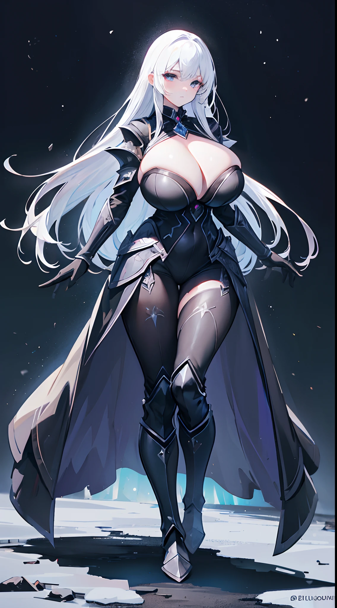 (gigantic cleavage breasts:1.2),European knights,Black crystal armor,Black crystal boots,Black crystal gloves,Full body like,Stand under the night of the aurora,Walk in the wilderness,white backgrounid,simplebackground