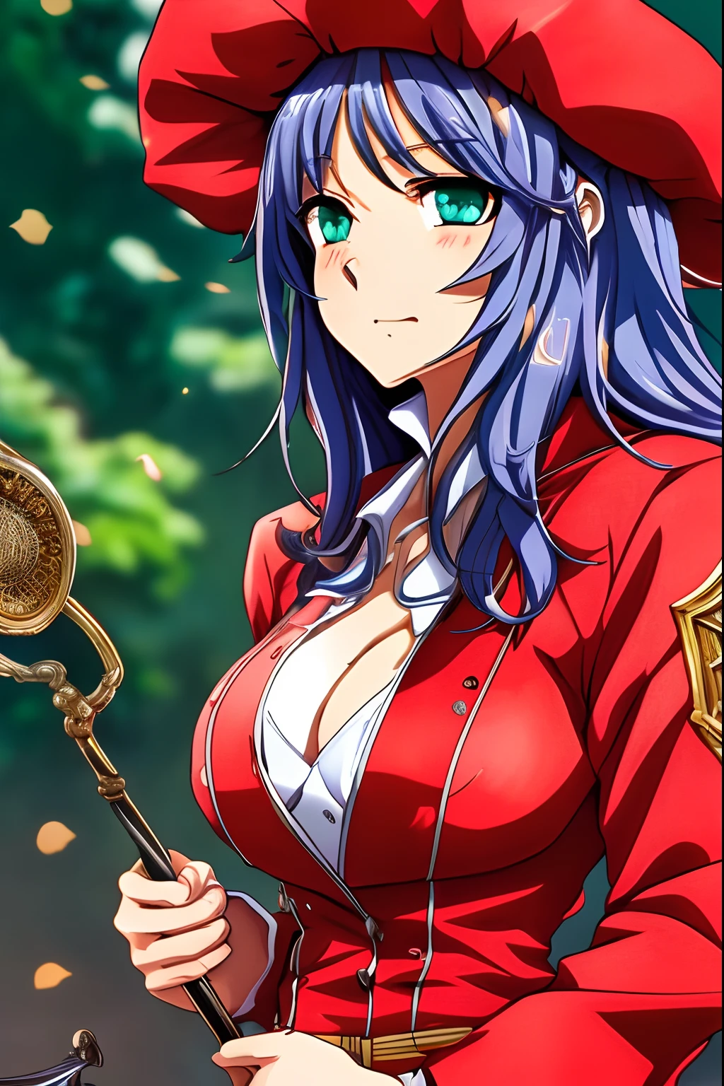 (highly detailed CG unit 8k wallpaper, masutepiece, Best Quality, Ultra-detailed), (The best lighting, Best Shadow), 45-year-old British woman, Mature, blue hairs、Green eyes、Longhaire、Red beret、RED dress、Anime-style painting style、MILF、urination、pissing