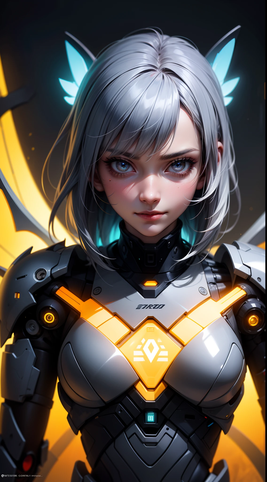 ((masterpiece)), best quality, 8k, high quality, high resolution, super detailed, ultra detailed, photorealistic, beautiful and finely detailed face and eyes, ultra detailed and detailed skin texture, expressive eyes, perfect face, 1 girl, chrome-plated hair, (android design), glowing amber eyes, modular robotic limbs, circuitry-patterned attire, (energy core), translucent cyber wings, floating in a futuristic laboratory, contemplative expression, ((mechanical smile)), day, advanced research facility, holographic interfaces, cutting-edge technology, (humming machinery), (soft beeping), since creation, Seraph, mechanical eyes, "Ex Machina" inspired background.