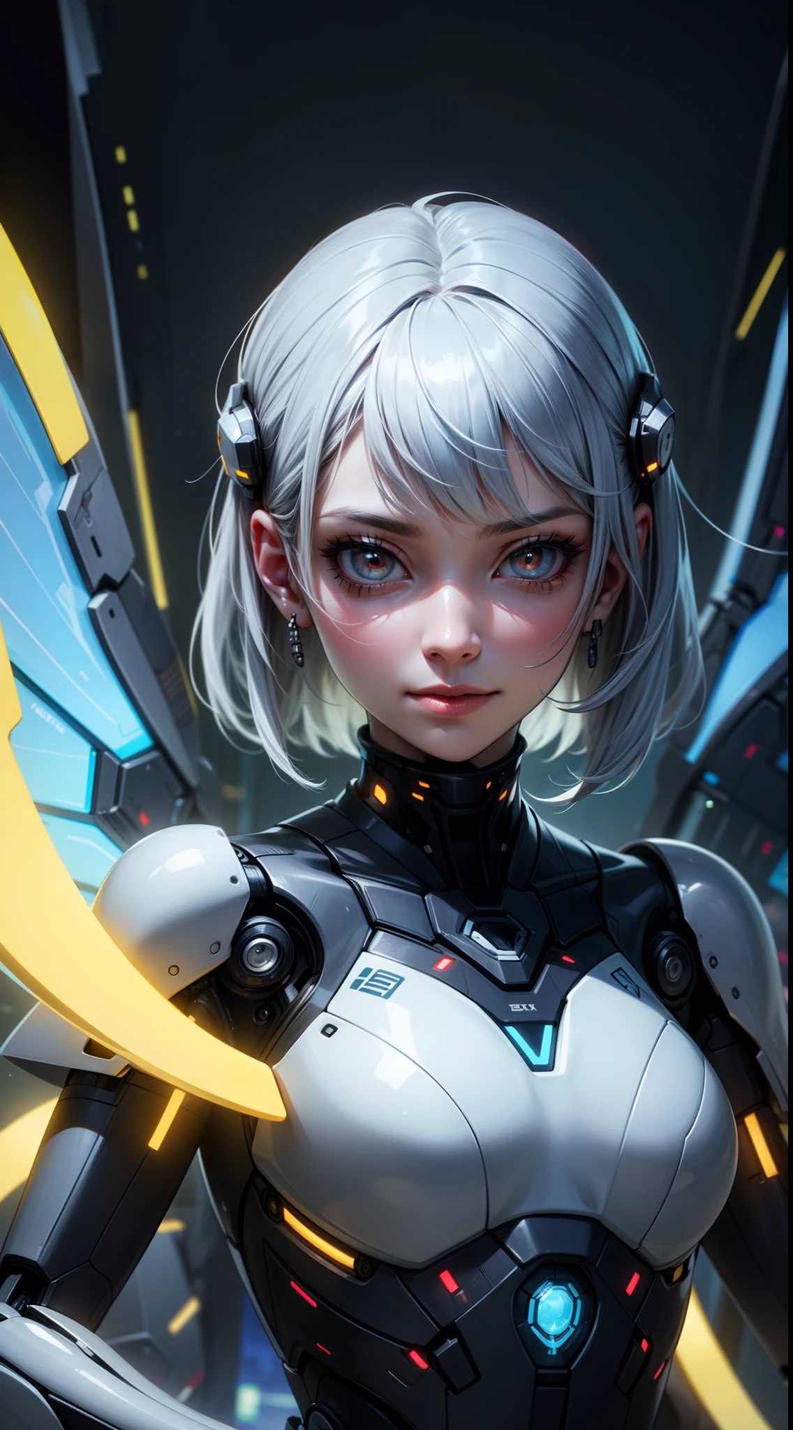 ((masterpiece)), best quality, 8k, high quality, high resolution, super detailed, ultra detailed, photorealistic, beautiful and finely detailed face and eyes, ultra detailed and detailed skin texture, expressive eyes, perfect face, 1 girl, chrome-plated hair, (android design), glowing amber eyes, modular robotic limbs, circuitry-patterned attire, (energy core), translucent cyber wings, floating in a futuristic laboratory, contemplative expression, ((mechanical smile)), day, advanced research facility, holographic interfaces, cutting-edge technology, (humming machinery), (soft beeping), since creation, Seraph, mechanical eyes, "Ex Machina" inspired background.