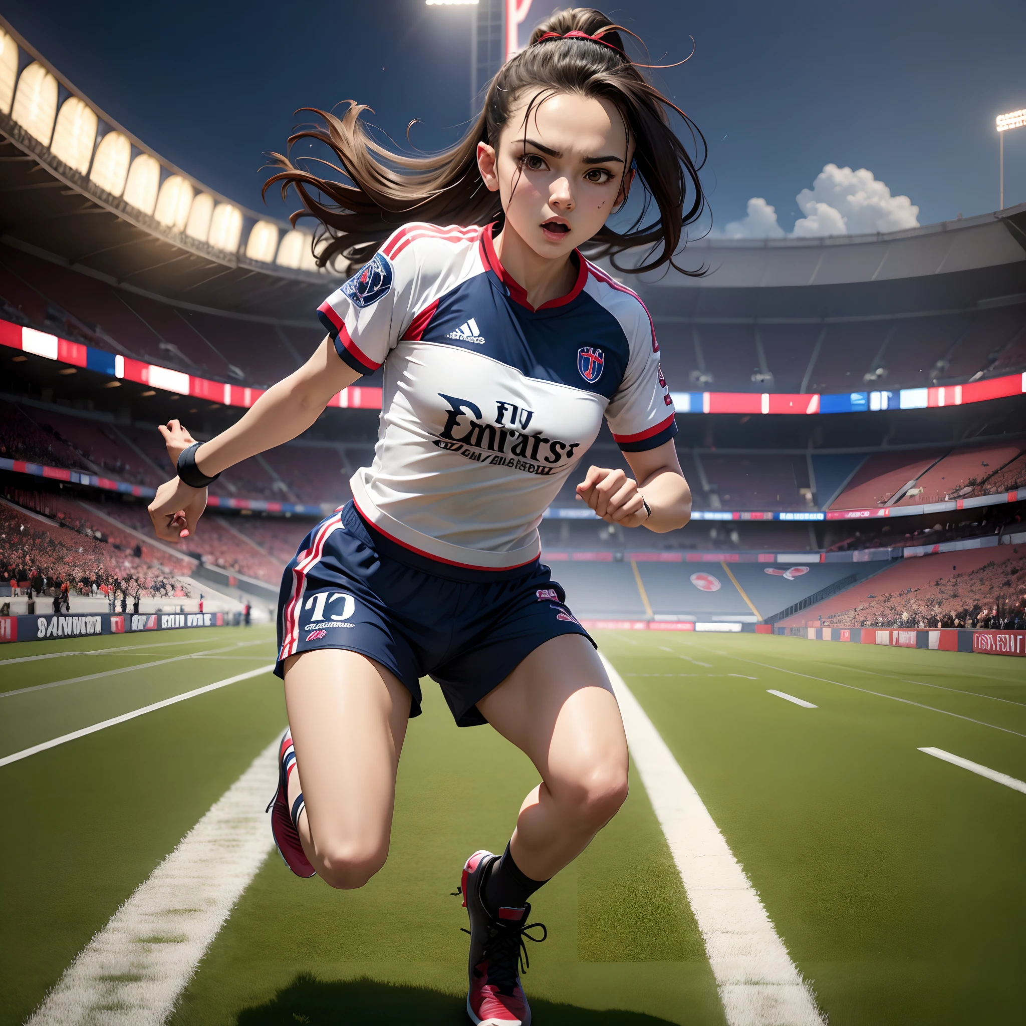 (Slayer daemon) Kamado Nezuko Paris Saint Germain jersey running in football stadium 8K Ultra HD resolution