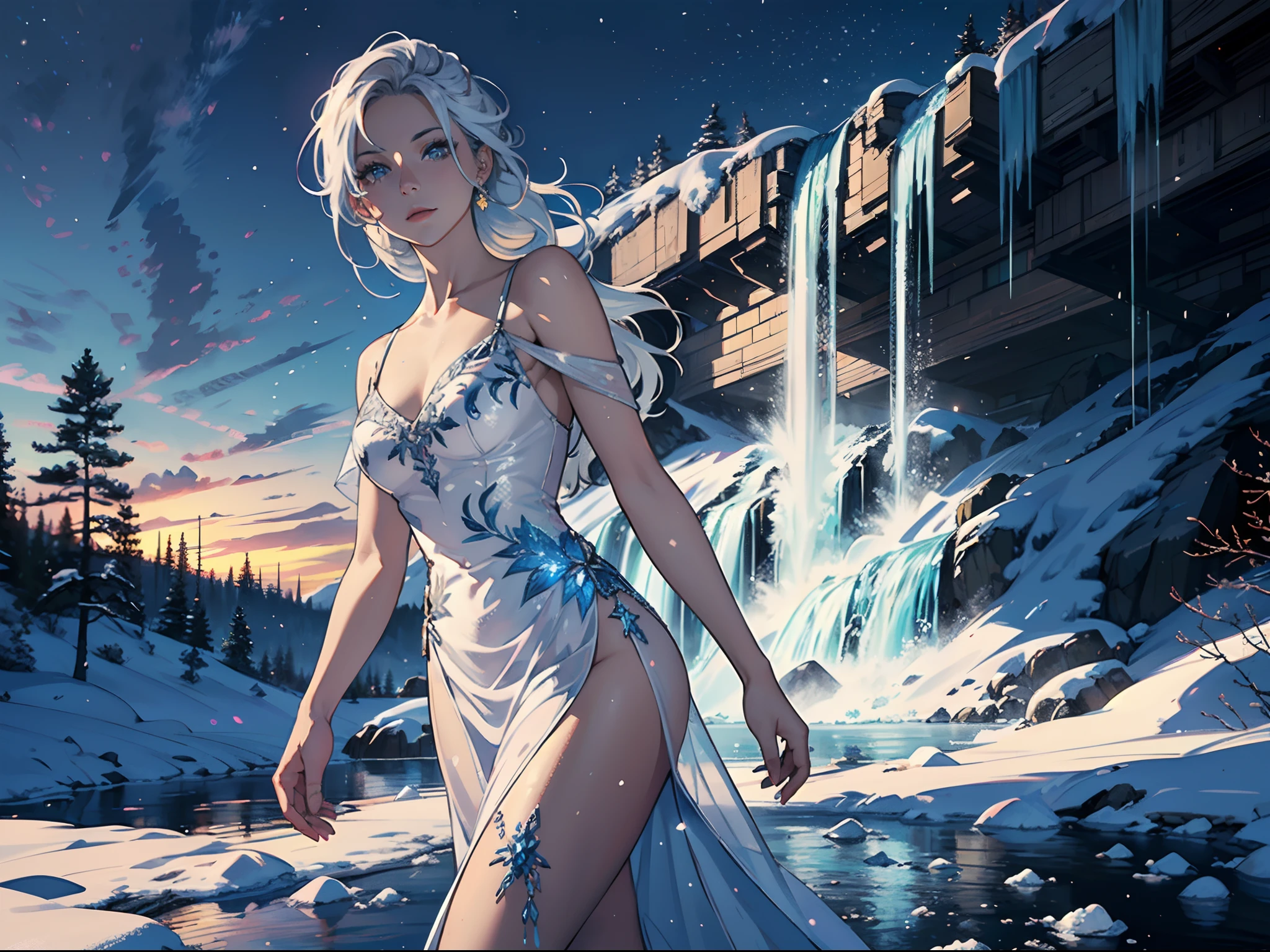 outfit design,(Best Quality), (masutepiece:1.3), (Photorealistic:1.36), (Realistic), Ultra-detailed, (Landscape Center, Distant perspective):1.4. Beautiful woman in a dress with intricate delicate design, Walk towards the frozen Waterfalls. Sparkling snow in the cold sky, Waterfalls, Beautiful face and glowing colorful eyes. Detailed description and bright colors. Gorgeous images in high quality.