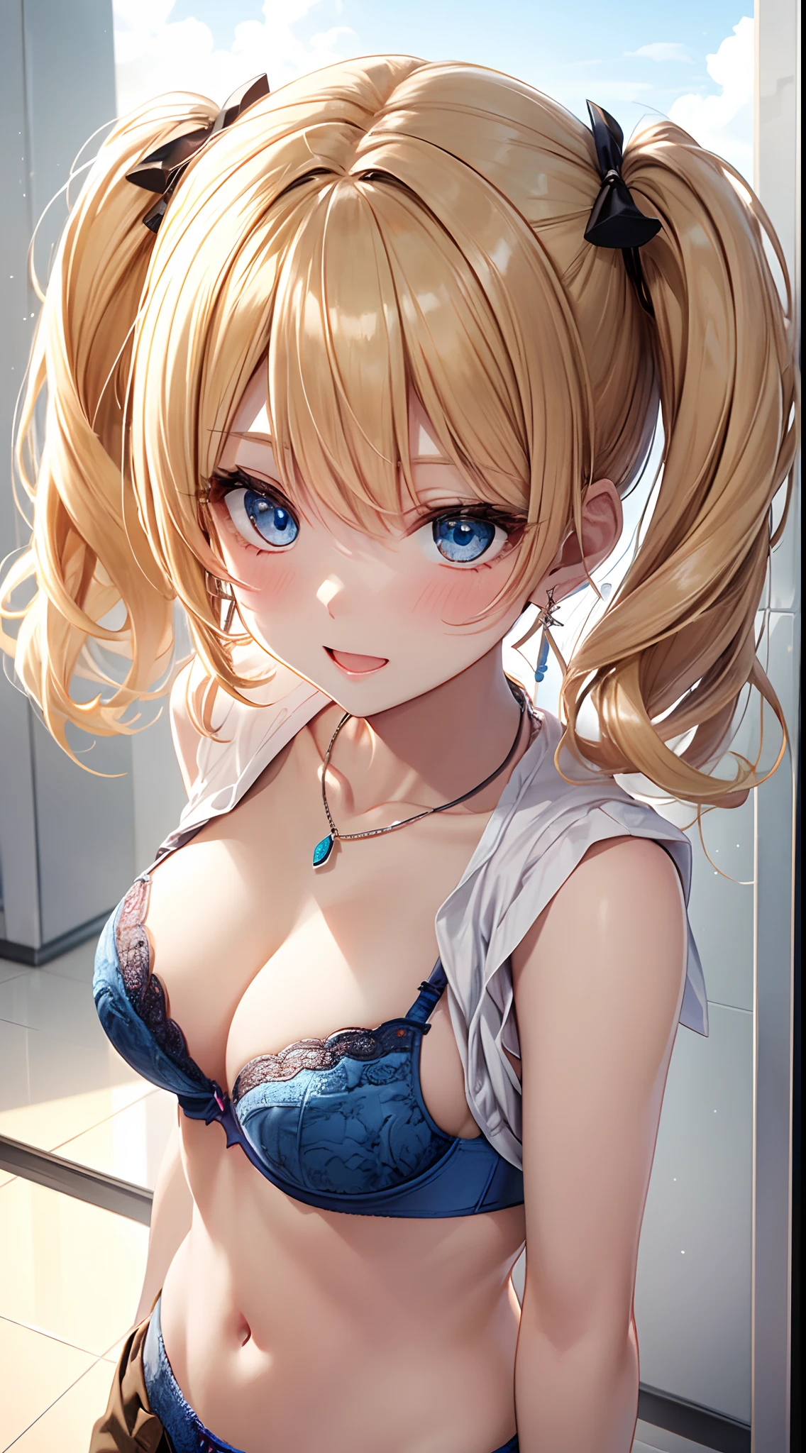 absurderes, ultra-detailliert,bright colour, extremely beautiful detailed anime face and eyes, view straight on, ;D, shiny_skin,25 years old, (Sleeveless Lift:1.6),(Fashionable bras:1.5) ,Short hair, , asymmetrical bangs, Blonde hair with short twin tails, Shiny hair, Delicate beautiful face, red blush、(Deep Blue Eyes:1.3), White skin, hair clips, earrings, a necklace, Brown clothes, Beautiful cloud, Dusk sky,flower  field