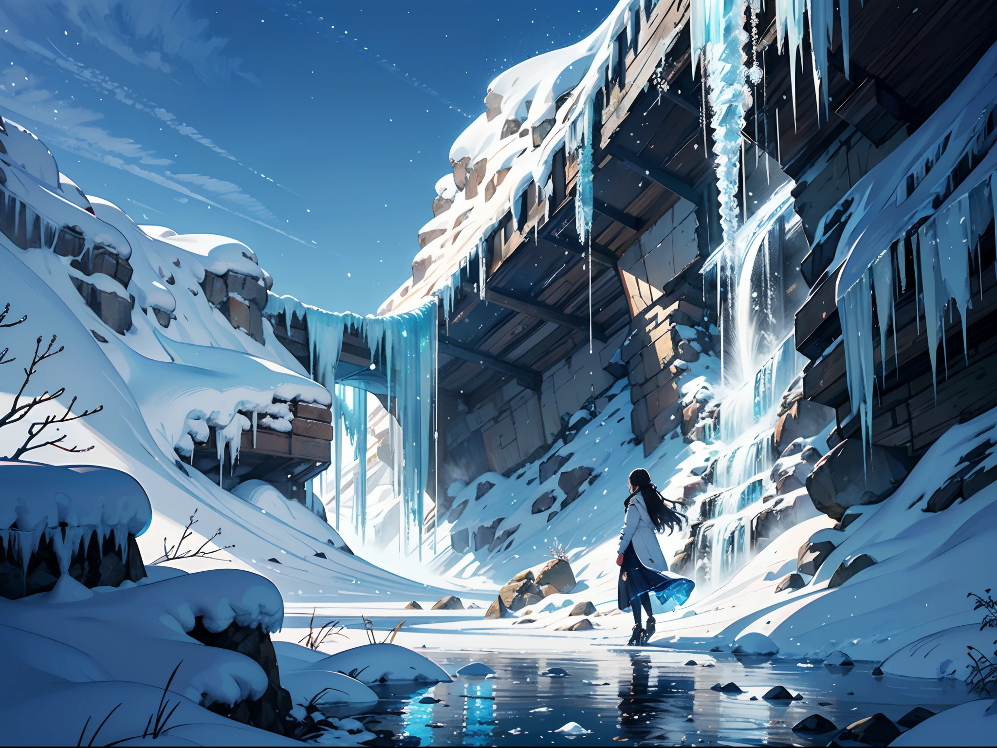 outfit design,(Best Quality), (masutepiece:1.3), (Photorealistic:1.36), (Realistic), Ultra-detailed, (Landscape Center, Distant perspective):1.4. Beautiful woman in a Warm winter dress with intricate delicate design, Walk towards the frozen Waterfalls. Transparency of the icicle, Sparkling snow in the cold sky, Detailed description and bright colors. Gorgeous images in high quality.