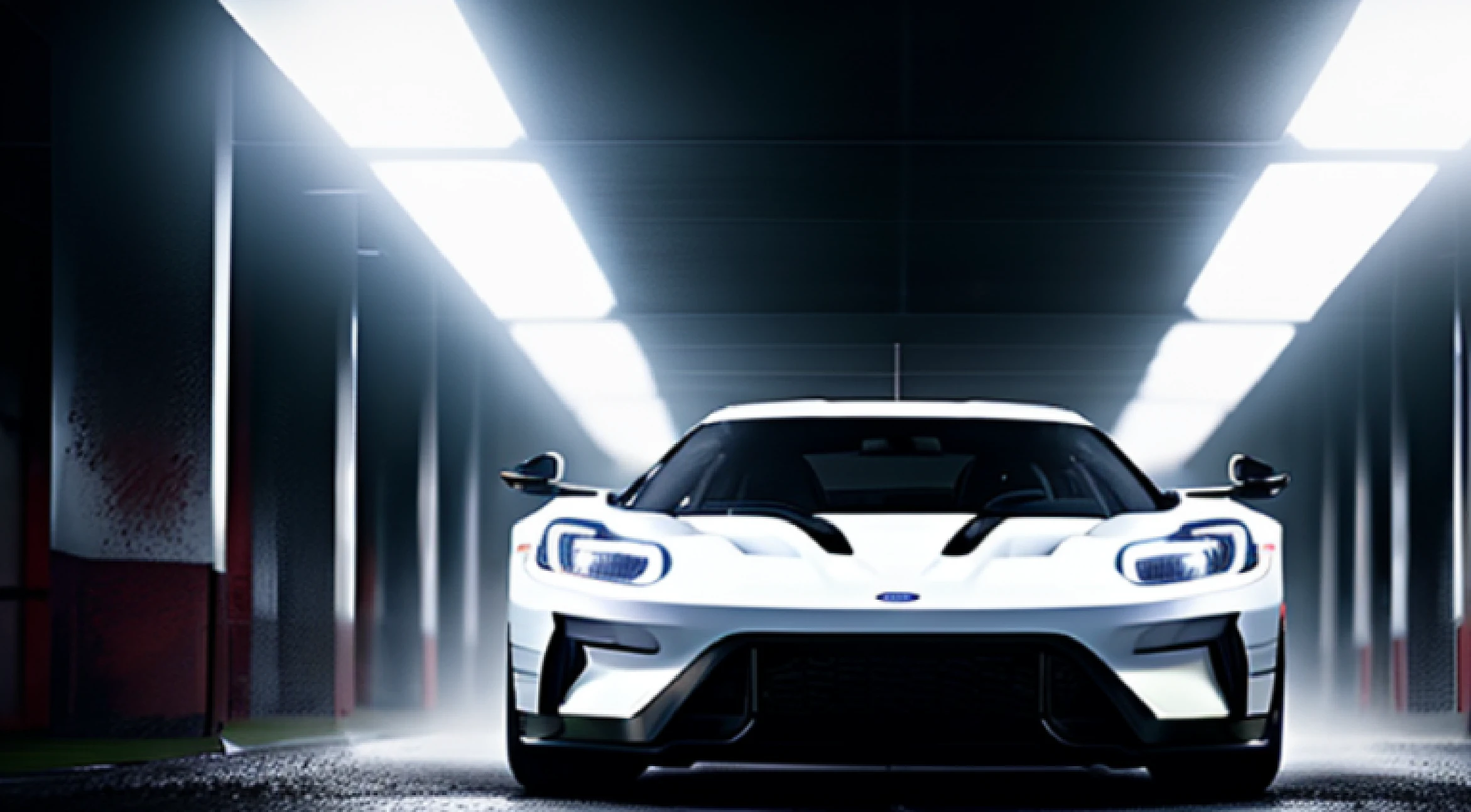 Ford Explorer 2022. Ford GT Le Mans car sedan coupe 2 door racing on dimly lit track overcast skies raining headlights illuminating track, volumetric lighting cinematic vray photo muted colors dark cinematic. front side view uncropped centered. artstation trending dramatic harsh lighting low exposure