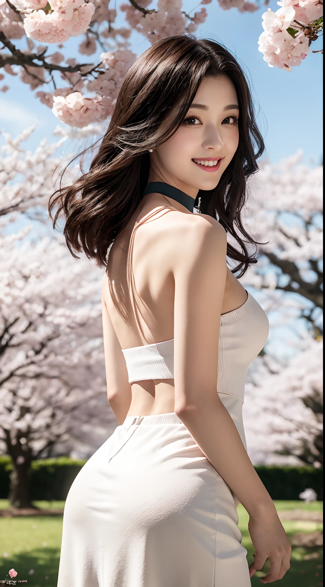Best quality, 超高分辨率, (Photorealistic:1.4), 1girll, , Small breast,Pink , Black choker, Smile, Bare shoulders, solofocus, view the viewer,Fair skin,Sunset,cherry tree,photon maping, Physically-based rendering, RAW photo, highly detailed back ground,Kpop idol,Depth of field,Torii,Cherry blossoms,hair adornments,Detailed face,Shiny skin,Game CG,full bodyesbian,