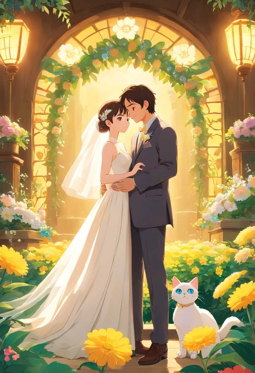 (Poster design)Wedding poster,The bride and groom hold a Siamese cat,fresh flowers,rays of sunshine