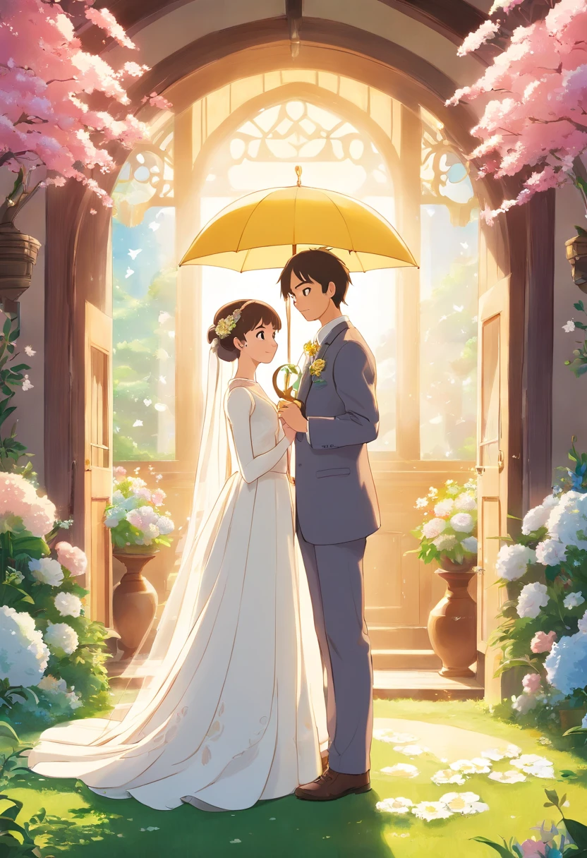（Poster design）Wedding poster，The bride and groom hold a Siamese cat，fresh flowers，rays of sunshine