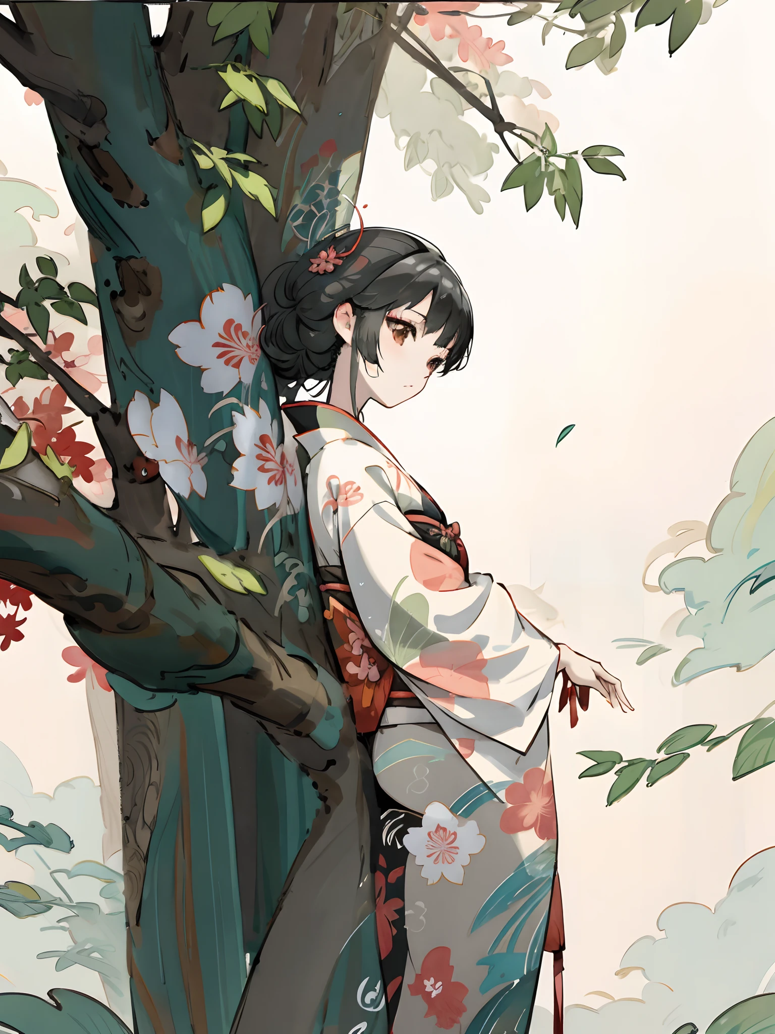 anime girl in kimono outfit standing next to tree with leaves, artwork in the style of guweiz, guweiz, painted in anime painter studio, beautiful anime artwork, guweiz on pixiv artstation, soft anime illustration, beautiful anime portrait, guweiz on artstation pixiv, artgerm and atey ghailan, anime art wallpaper 8 k