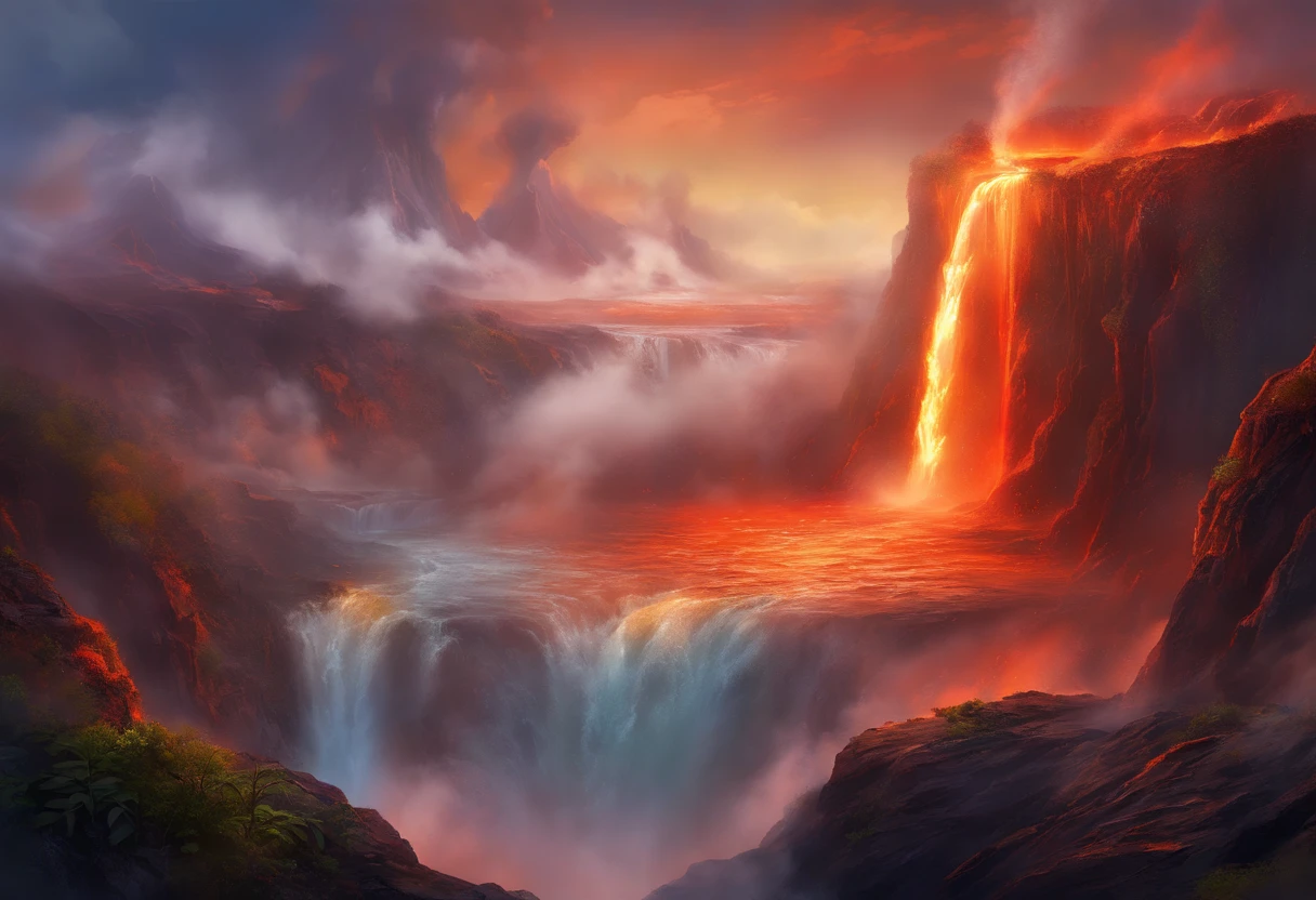 National Geographic style picture, Award winning,(best detailed: 1.5), an picture of an epic sized waterfall in the volcano at midday , an (epic sized waterfall: 1.3), water coming down from a volcanic cliff, multi level water falls, several pools created in different levels, forming new waterfalls, water cascading into a (large lava pool: 1.3) steam rising, clear water in many hues of blue and azure falling, hitting a pool of lava in colors of orange and red, boiling lava, you can see the water hitting the pool and (steam of fog rising from the pool: 1.2) , drops of water splashing around, volcanic cliff background, a long shot, photorealistic, 16k, RAW, award winning, (best detailed: 1.5), masterpiece, best quality, (best detailed: 1.3), full body, ultra wide shot