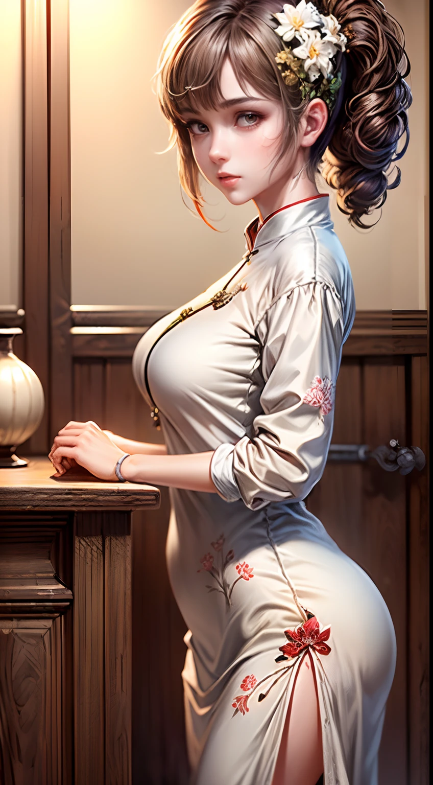 (Best quality, Masterpiece, Extremely detailed CG, Game CG:1.5), full bodyesbian,1 girl,An extremely delicate and beautiful girl, Extremely detailed eyes and face, beautiful detailed glow,Lagasprín，on cheongsam，Medium breast, illustration, Cinematic lighting, Best shadow,(White background:1.3)