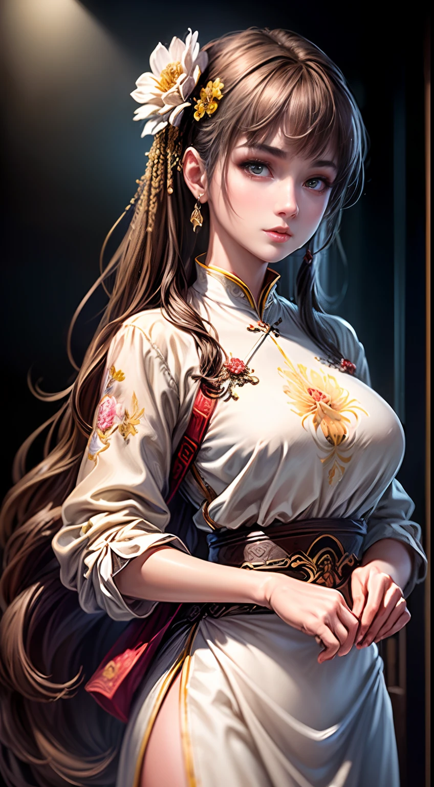 (Best quality, Masterpiece, Extremely detailed CG, Game CG:1.5), full bodyesbian,1 girl,An extremely delicate and beautiful girl, Extremely detailed eyes and face, beautiful detailed glow,Lagasprín，on cheongsam，Medium breast, illustration, Cinematic lighting, Best shadow,(White background:1.3)