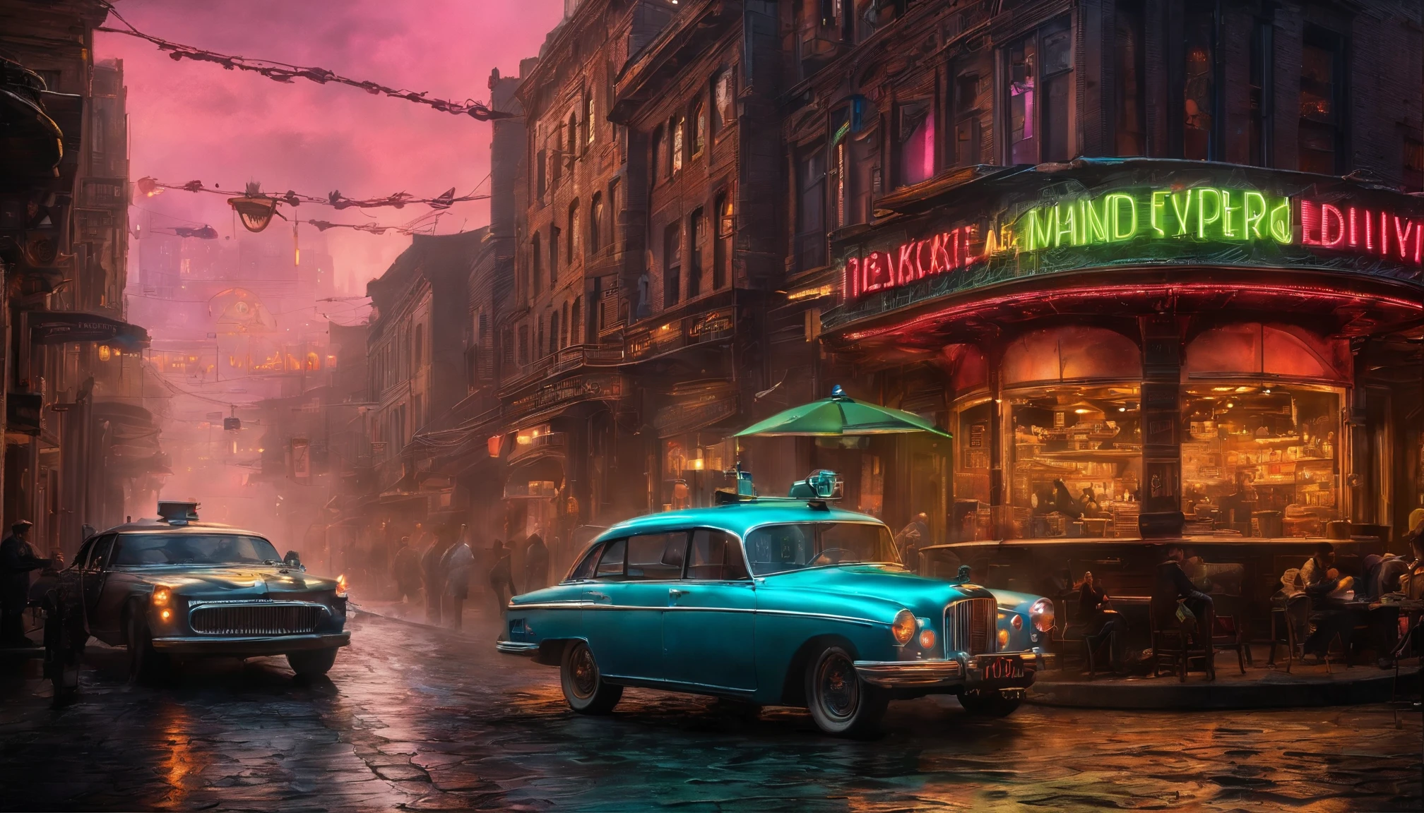 (masterpiece、4K、ultra-realistic:1.2)、oil 、(realistic:1)、(Photorealistic:1)、(oil painting of a streetside cafe scene with tables and chairs on sidewalk), (chiaroscuro effect), ((Magnificent bronze cyberpunk-steampunk UFO in the sky:1.5)), ((futuristic bronze colored steampunk-style hypercar in street)), ((rickshaws in street)), panorama, ((fish-eye lens:1.2))、 (Steampunk Cyberpunk Cityscape)、(midnight、cyberpunk, asphalt、graffiti art、Reflectors、Shops、roadside kiosk、Walkway、a street、police officers、taxis)、(Skyscraper、Foggy:1.4)、 ((pedestrians、Large crowds on street))、 (((neon signs、Blue Neon、Pink neon、Yellow neon, red neon, green neon:1.4))), rain puddles on street reflecting lights, (streaks of neon light), John William Waterhouse style.