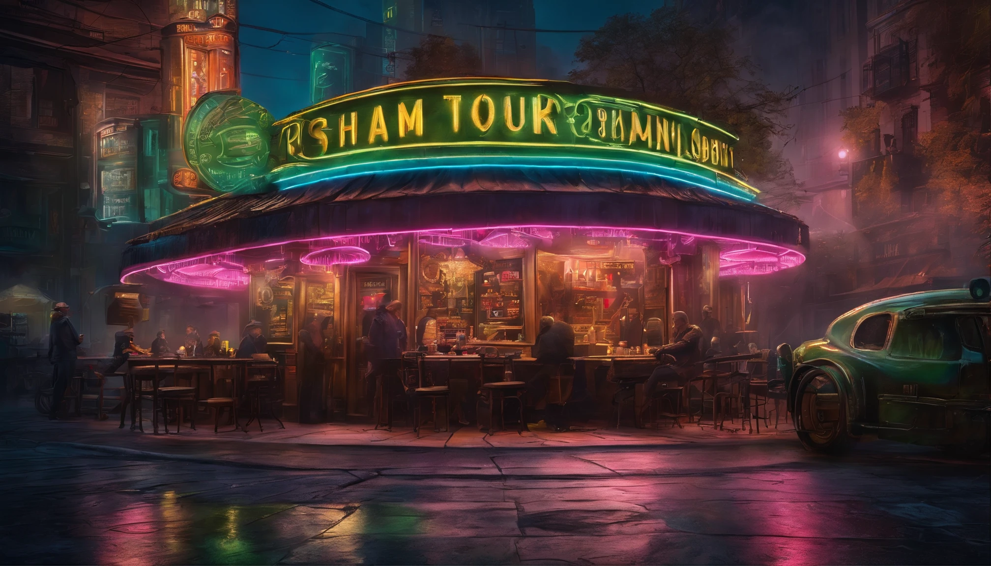 (​masterpiece、4K、ultra-realistic:1.2)、oil 、(realistic:1)、(Photorealistic:1)、(oil painting of a streetside cafe scene with tables and chairs on sidewalk), (chiaroscuro effect), ((Magnificent bronze cyberpunk-steampunk UFO in the sky：1.5)), ((futuristic bronze colored steampunk-style hypercar in street)), ((rickshaws in street)), panorama, ((fish-eye lens:1.2))、 (Steampunk Cyberpunk Cityscape)、(midnight、cyberpunk, asphalt、graffiti art、Reflectors、Shops、roadside kiosk、Walkway、a street、police officers、taxis)、(Skyscraper、Foggy:1.4)、 ((pedestrians、Large crowds on street))、 (((neon signs、Blue Neon、Pink neon、Yellow neon, red neon, green neon:1.4))), rain puddles on street reflecting lights, (streaks of neon light),  John William Waterhouse style.