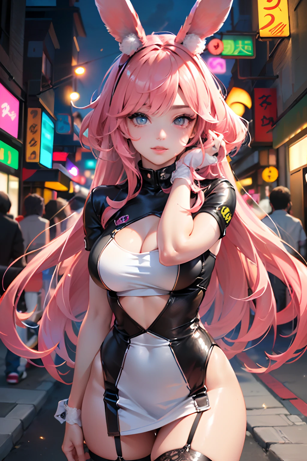 Cute Bunny,(((20 years old))),((Anime little rabbit with very cute and beautiful twin-tailed pink hair walking down the street)),(((Bunny Girl,Antro Furry Cute,bunnygirl))),(((Bunny ears,Rabbit ears on the head,Big rabbit ears))),
((large full breasts))), (((Fuchsia Hair:1.35,short fuchsia hair,Colored inner hair,Ear breathing,))),((Heterochromia, I1 Fuchsia, Eye 2 Pink, Perfect eyes, upward-eyed:1.3, Beautiful detailed eyes, finely detailed beautiful eye:1, big highlight on eyes:1.2, slanted eye)), (((Lustrous skin:1.5,bright skin: 1.5,skin tanned,Shiny skin,Very shiny skin,Shiny body,plastic glitter skin,exaggerated shiny skin))),(delicate detailed fingers,Detailed body,detailed arms,Human Hands, Detailed hand),
Cute,sluttish,,Erotic,NSFW,
zettai ryouiki,Revealing clothing,Show skin,((Rave Shirts, Fluorescent shirt, Rave Miniskirt,Visible lace strap)),(Wearing a rave costume:1.3,Rave Clothing,seminude,with little clothing,),(detailed costume,detailed clothes),
(Dynamic Pose:1.0), Solo Focus, Centered, scale to fit the dimensions, thirds rule,
Outdoors, ((Night view)), (Cyberpunk Night Street Background: 1.5,dark sky,alleyway,Lonely alley,Thick clouds, Detailed background:1.25),
(Best Quality), (High resolution), (Sharp Focus), (ultra-detailliert), (Extremely detailed), (Very high quality artwork), 8K_Wallpaper, (8K HDTV CG),(Very fine 8K CG), ((hyper super ultra detailed perfect piece)), flawless, (((masutepiece))), Illustration, Vibrant colors, (Convoluted), High contrast, Selective lighting, double exposure, nffsw (High dynamic range), Post-processing, Background blur,