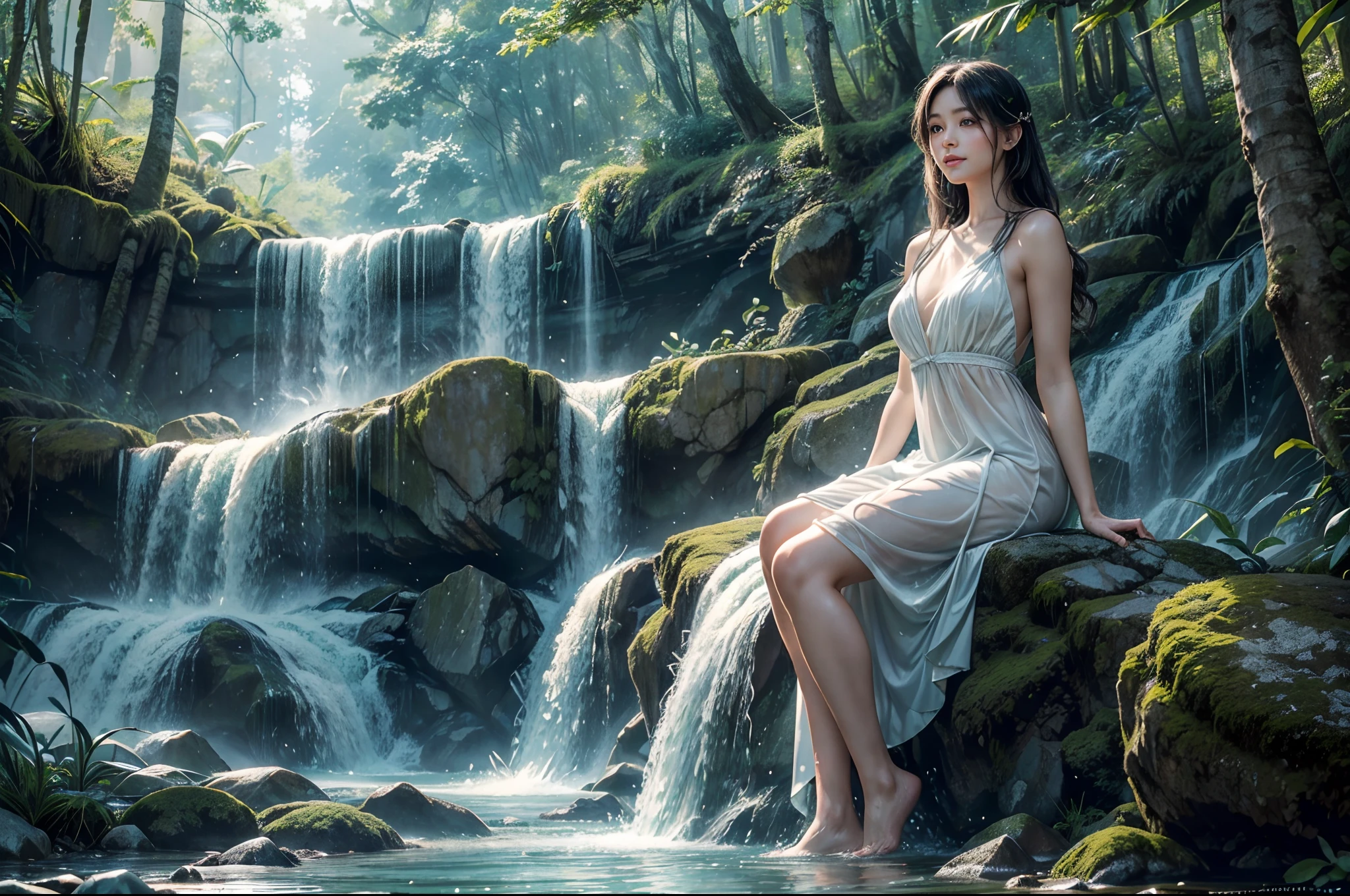 (best quality,4k,8k,highres,masterpiece:1.2),ultra-detailed,(realistic,photorealistic,photo-realistic:1.37),a girl bathing under a waterfall,beautiful detailed eyes,beautiful detailed lips,extremely detailed eyes and face,longeyelashes,freshwater,aqua blue,pure,clear water,sparkling,refreshing,flowing water,a tranquil atmosphere,sunlight filtering through the trees,glistening water droplets,serenity,serene natural surroundings,nature's beauty,soothing sound of water,magical,ethereal,romantic setting,emerald green forest,lush greenery,waterfall cascading down,soft mist in the air,tropical paradise,exotic location,peaceful getaway,sheer joy and happiness,relaxation and rejuvenation,harmony with nature,splendid natural landscape,mesmerizing beauty,elegant waterfall flow,motion of the water capturing life's movement,gentle breeze,enhancing the sense of tranquility,feminine grace and charm,serene expression on her face,majestic presence,harmonious connection with the environment,whispering secrets of the forest，cool water caressing her skin