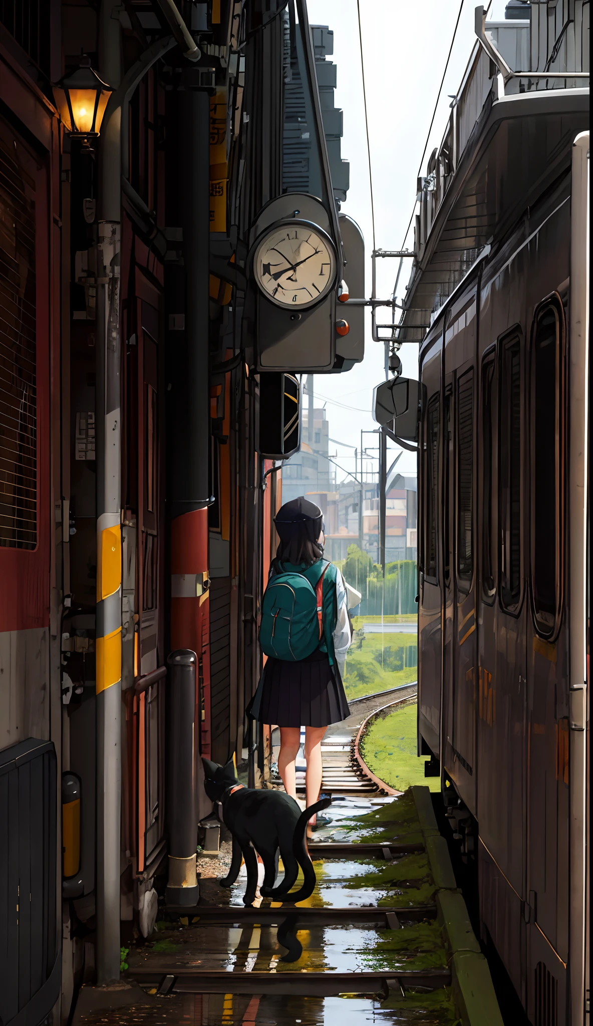 train、train track、dystopian、Skysky、Black sky、rain is falling, cute anime cybergirl wearing a backpack. A cat walks alongside her
