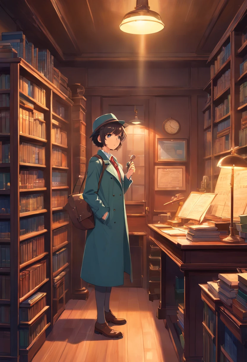 A vintage detective's office with dim lighting, leather-bound books, a magnifying glass, and a detective's hat on a coat rack.
