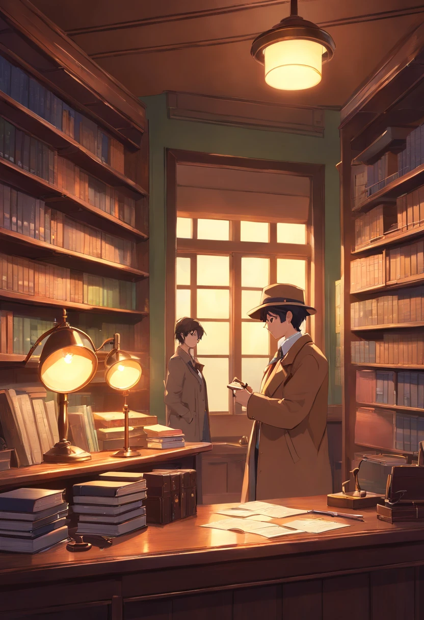 A vintage detective's office with dim lighting, leather-bound books, a magnifying glass, and a detective's hat on a coat rack.