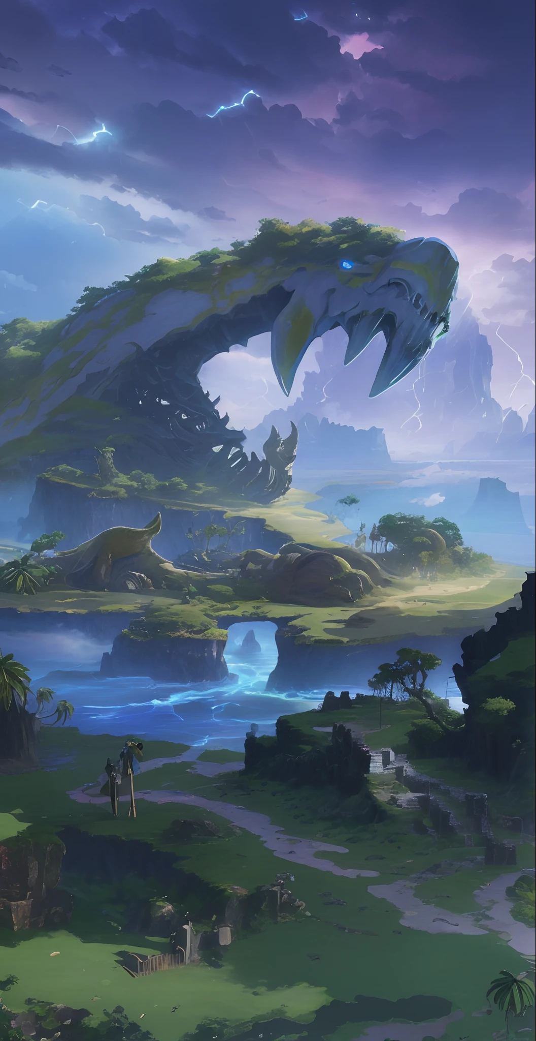 Game HD wallpaper,There is a river inside,Huge animal bones,Tropical island background,The sky is full of thunderclouds,Scattered behemoth skeletons,2D fantasy art, epic matte painting of an island, fantasy concept art, ,Cartoon anime art, fantasy world concept,HighestQuali,top-quality,Highest pixel,Miyazaki anime art style,Shinkai Makoto anime art style,in style of ghibli,8K,Ray traching,Core Behemoth Island!!!