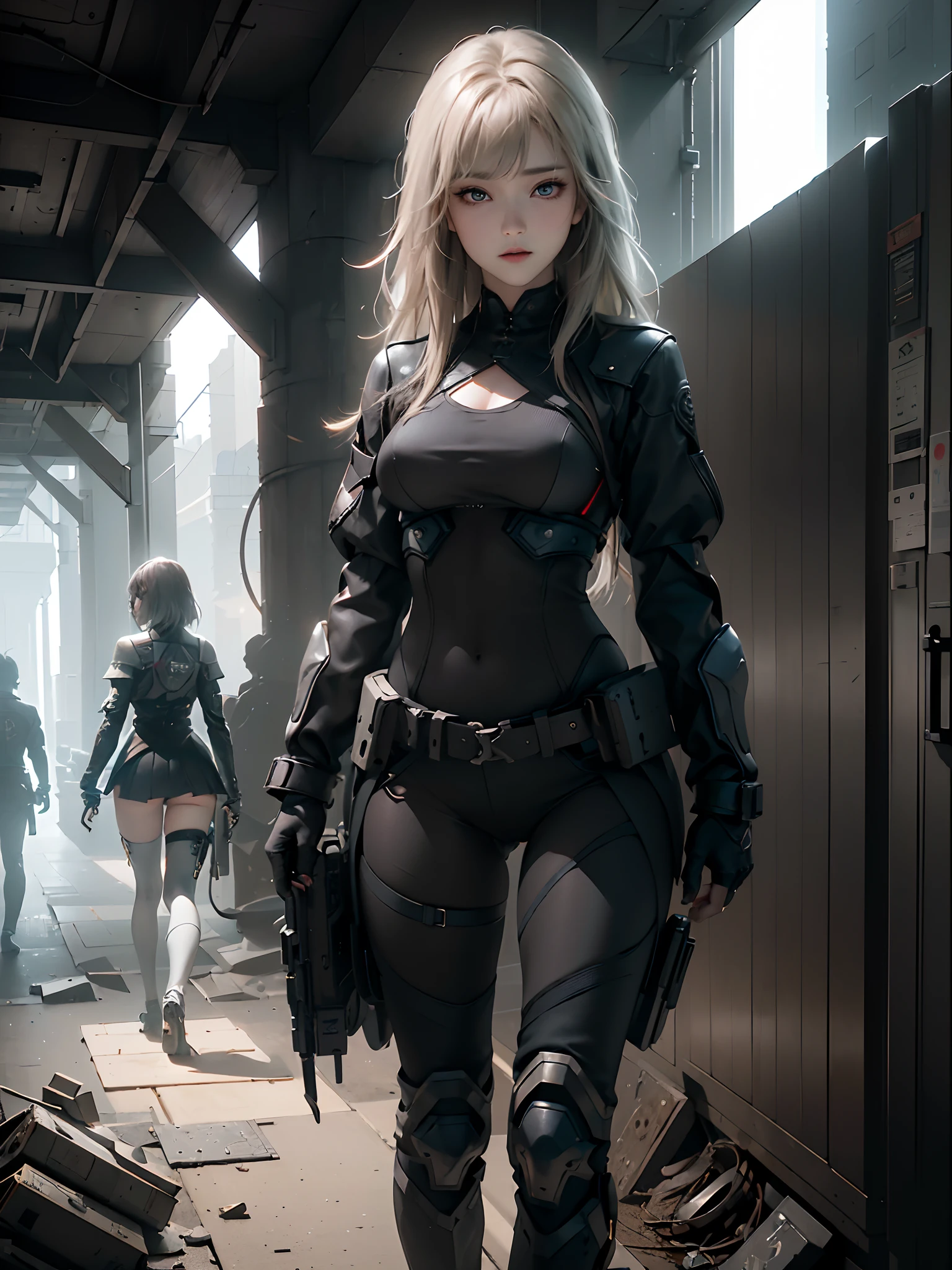((top-quality)), (((masterpiece)), (detaileds: 1.4), 3D, Beautiful Cyberpunk Woman Image, bob cuts, Broken black tights, leather clothes, Electromechanical, nffsw(HighDynamicRange), Ray traching, NVIDIA RTX, Hyper-Resolution, Unreal 5, Sub-surface scattering, PBR Texture, Postprocess, Anisotropy Filtering, depth of fields, Maximum sharpness and acutance, Multilayer Texture, Albedo and Highlight Maps, Surface Coloring, Accurate simulation of light-material interactions, perfectly proportions、octane renderings、two tone lighting、Large aperture、Low ISO、White Balance、thirds rule、8K Raw、masterpiece、top-quality、(8k extremely detailed CG unit wallpaper)(top-quality)、(The best illustrations)、(Best Shadows), blue eyes, long hair, big tits, super detailed hand