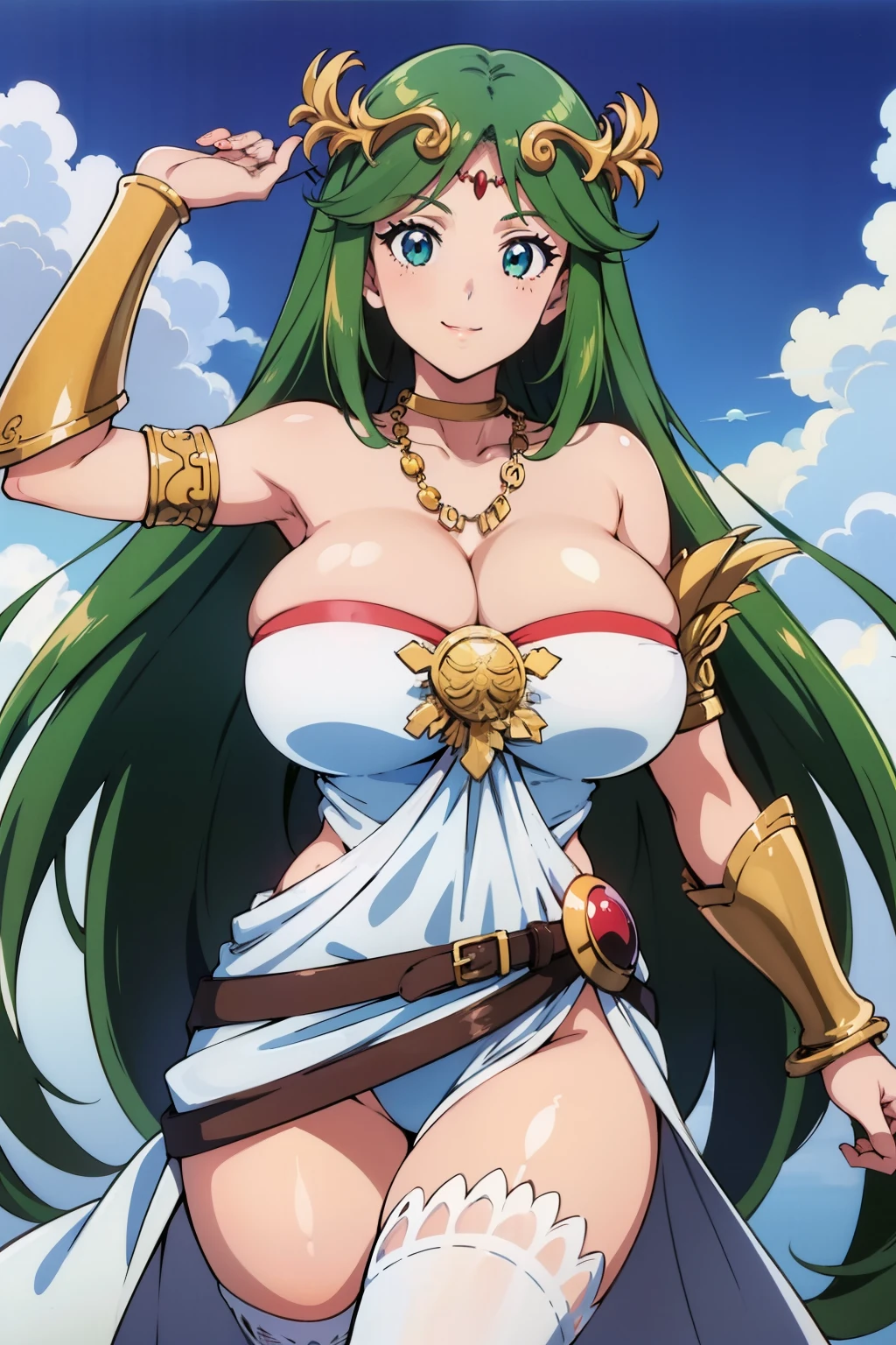 1990s anime cels style, 1990s manga style, best quality, high resolution, 1girl, (huge breasts:1.2), Beautiful face, smile, hmpa1, palutena, parted bangs, tiara, large breasts, necklace, bare shoulders, strapless dress, vambraces, belt, white dress, white thighhighs, single thighhigh, sky