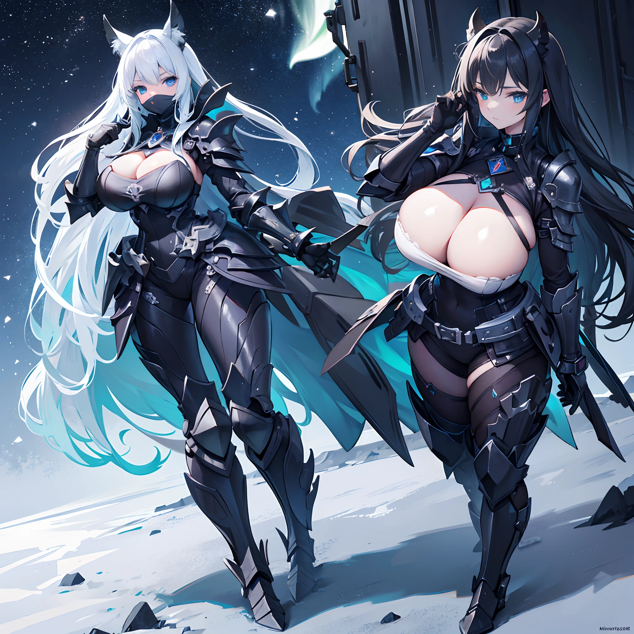 (gigantic cleavage breasts:1.1)，European knights，machine girl，Para cobrir seu rosto，Full coverage masks，Black iron boots，Black hand armor，Full body like，Stand under the night of the aurora，Walk in the wilderness，white backgrounid，simplebackground