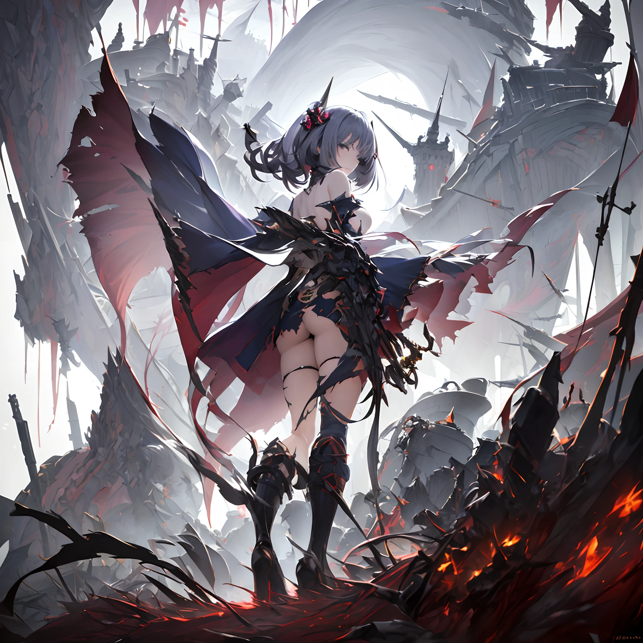 1girl, solo, gray hair, (black fringes), hair ornament, slim figure, torn knee_high_socks, violet eyes, short wild hair, medium breasts, evil smile, highly detailed uniform, (shoulder look, (back facing the Viewer)), ((fog)), (ashes), (wind magic)