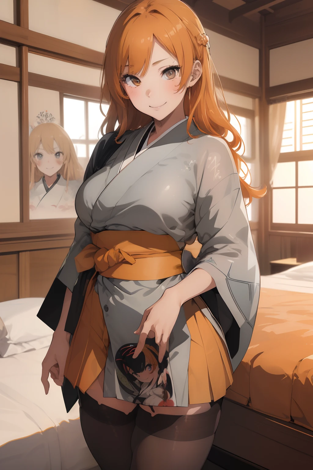 (masterpiece、top-quality、top-quality、Beautifully Aesthetic:1.2)、ighly detailed、highestdetailed、grey eyes、orange color hair|Semi-long blonde hair、((kimono))、(pantyhose)、Matsumoto Rangiku、graffiti art、Look at the viewer、A smile、Bedroom、on the beds、((a miniskirt))、