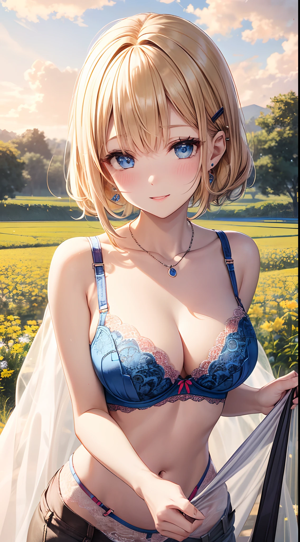 absurderes, ultra-detailliert,bright colour, extremely beautiful detailed anime face and eyes, view straight on, ;D, shiny_skin,25 years old, (Lace Sleeveless Lift:1.6),(Fashionable bras:1.5) ,Short hair, , asymmetrical bangs, Blonde hair with short twin tails, Shiny hair, Delicate beautiful face, red blush、(Deep Blue Eyes:1.3), White skin, hair clips, earrings, a necklace, Brown clothes, Beautiful cloud, Dusk sky,flower  field