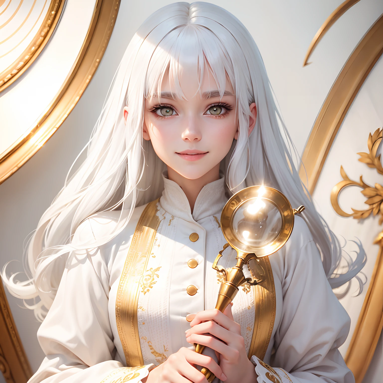 best quality, white hair, gold eyes, white clothes, looking up, upper body, hair strand, Fair skin, smiling, magnifying glass