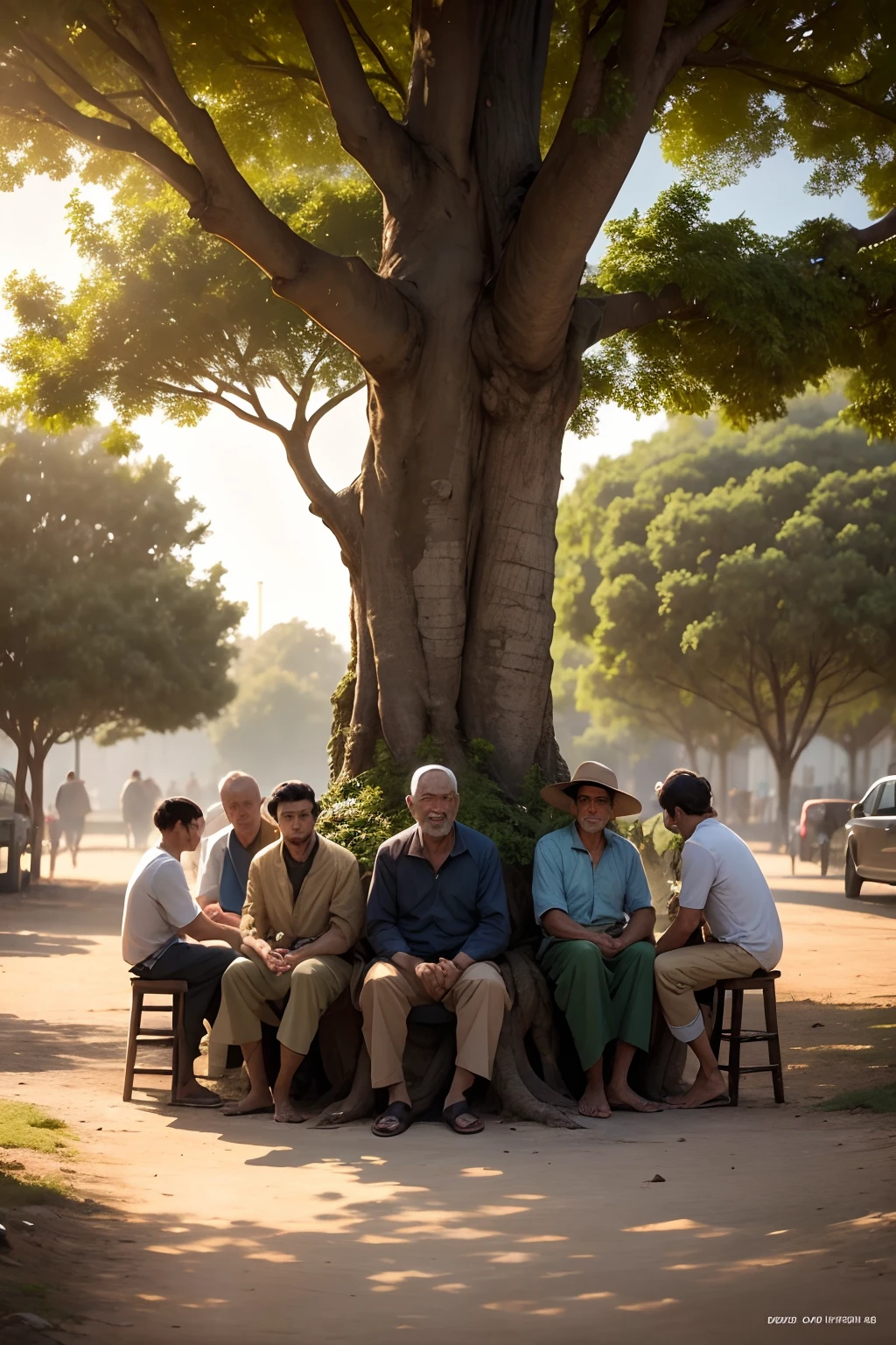 a middle aged man sitting on a stool underneath a boabab tree with a group of younger men sat by his feet as the sun sets