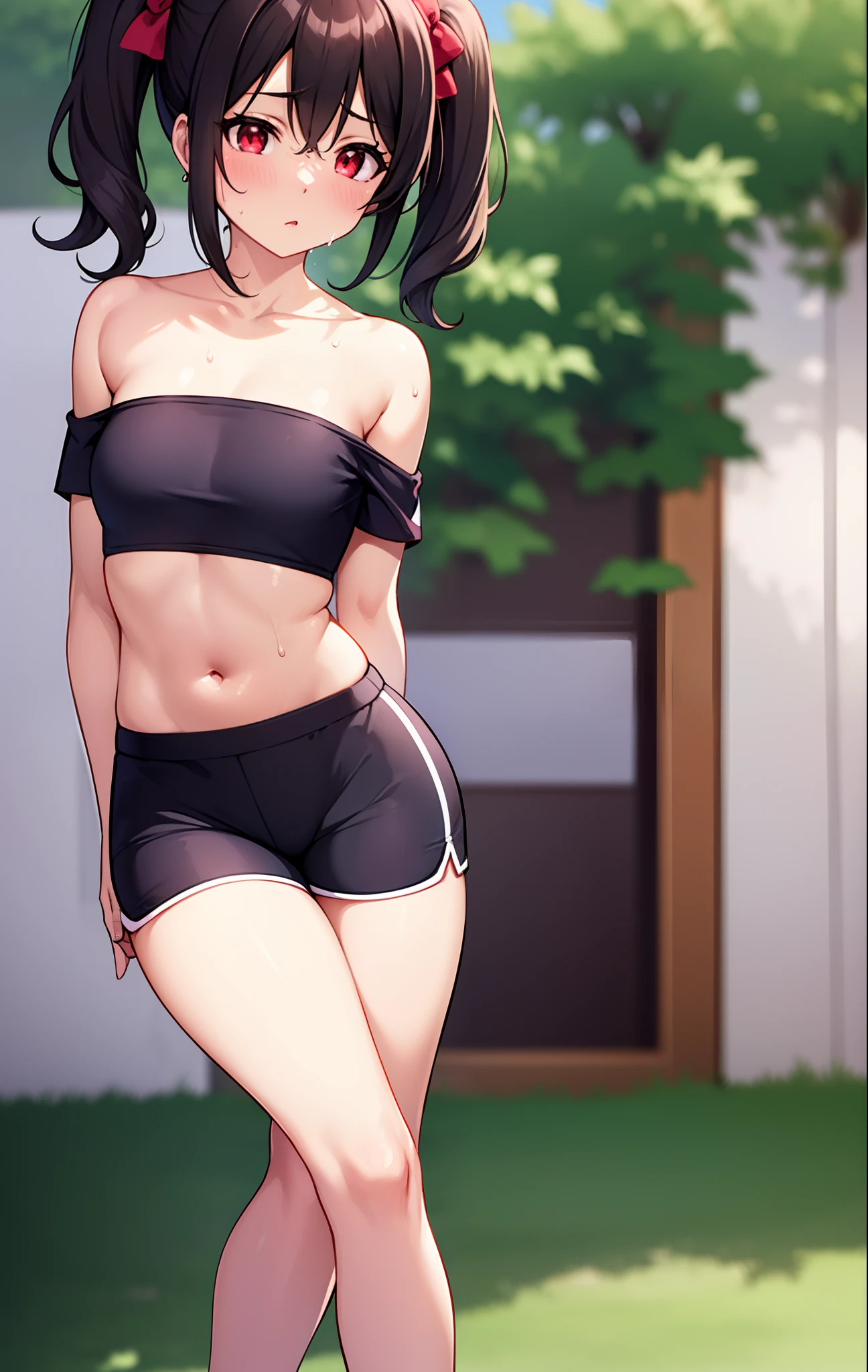 Yazawa nico,red eyes , twintails, green top, strapless,off shoulder, midriff, gym shorts,thicc ,(small breasts), standing, outdoors, hips,thighs, looking at viewer, sweating, sexy, sexy pose, sexual arousal,(lips:0.6)