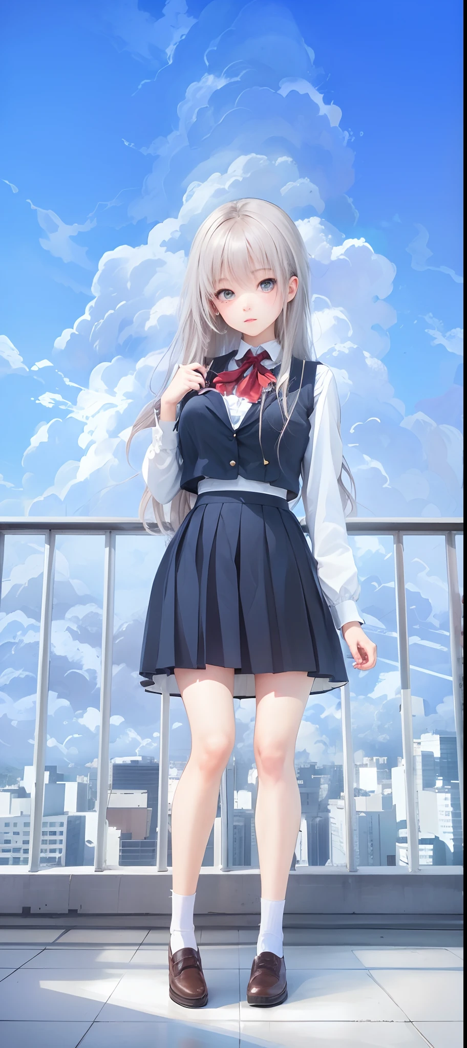 A high school girl takes a picture on the rooftop,Ruffle your hair,There is a sea of clouds behind you
