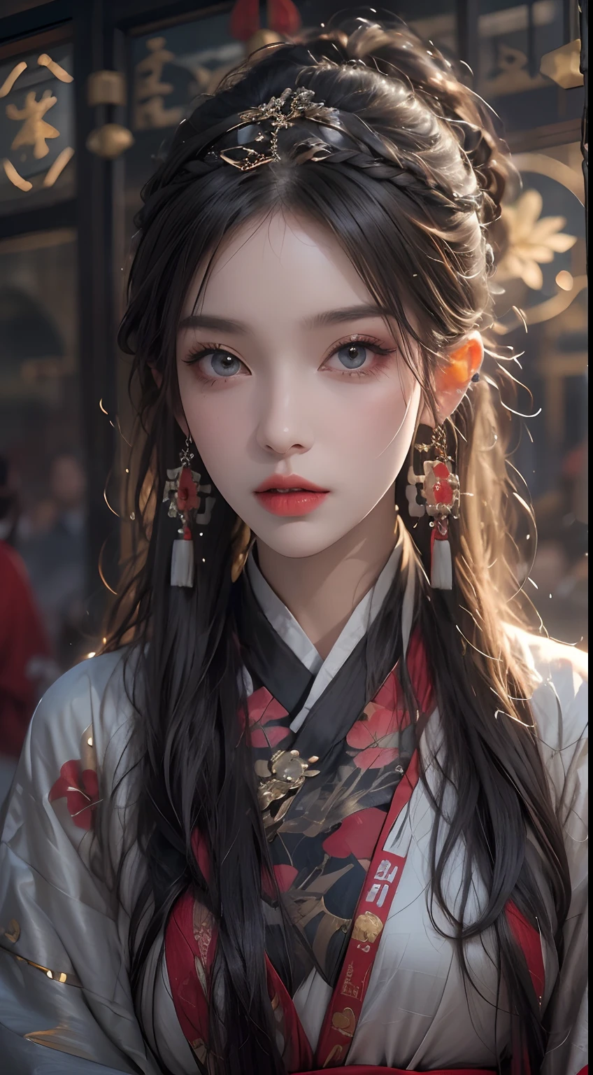 Photorealistic, high resolution, 1 woman, Hips up, Beautiful eyes, Long hair, ringed eyes, jewelry, tattoo, Hanfu, Chinese fairy, Taoist uniform