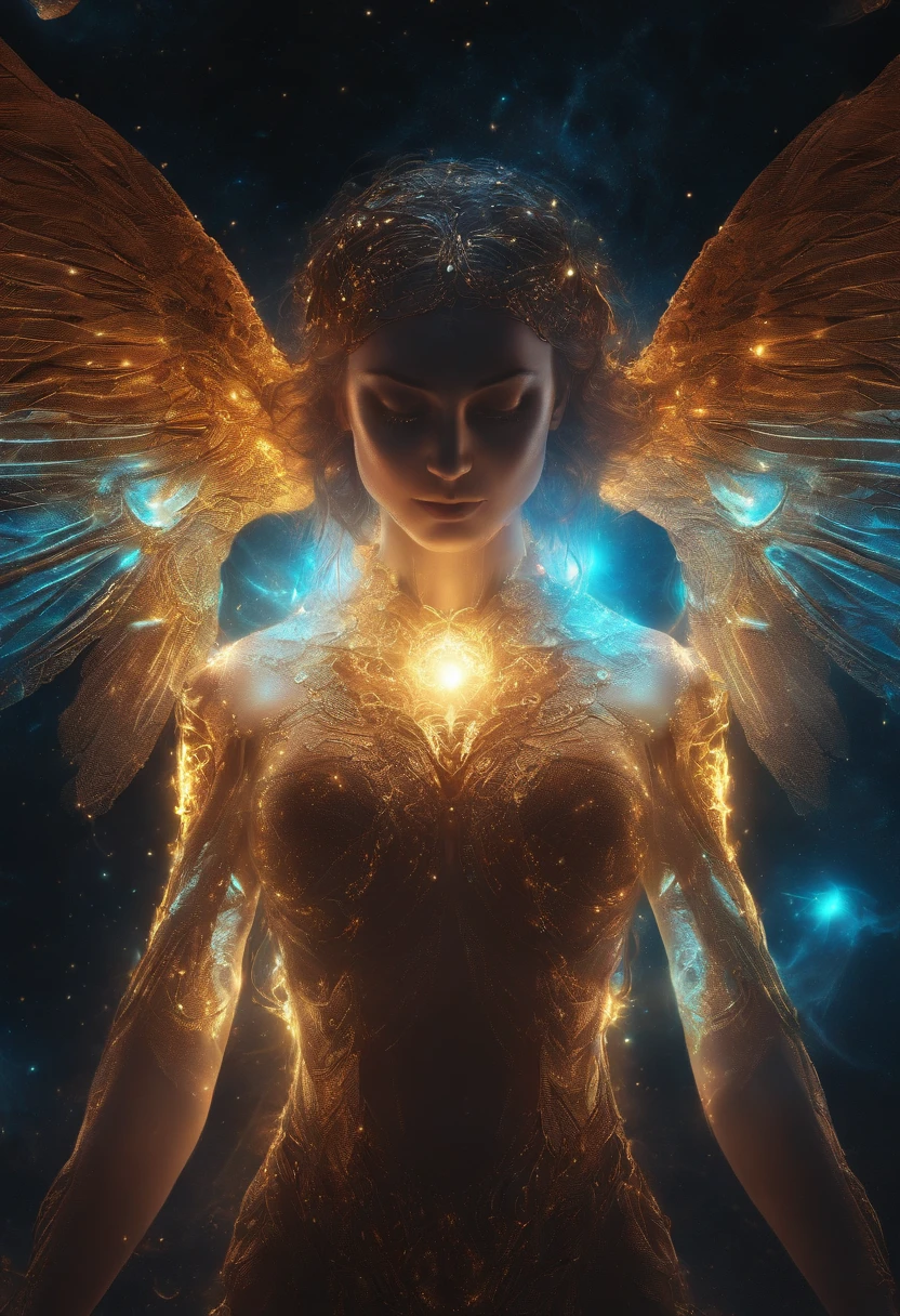 Cosmic Fallen Angel, glowing light eyes, Biomechanical, eerie, Creepy, nightmarish, Very bright colors, Light particles, with light glowing, Mshiv, wallpaper art, UHD wallpaper