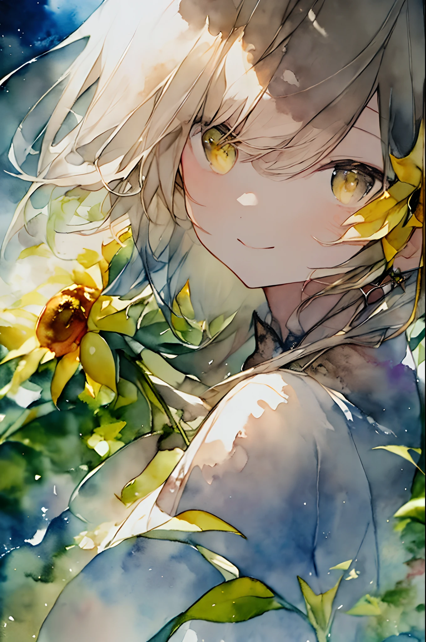 (watercolor paiting:1.2),1girl in, 独奏, florals, Sun flower、portraitures, Sateen、bangss, signed, yellow hair, length hair, Hair between yellow eyes, yellow earrings、hight resolution、Top image quality、masterpiece、、turned around、Mysterious、Ephemeral smile
