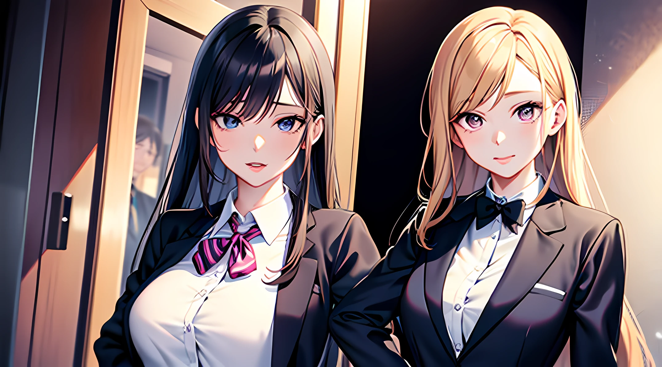 Anime girl in suit standing in doorway with hands on hips, kawaii realistic portrait, Anime visuals of cute girls, Portrait Anime Girl, In an anime style, a female anime character, full protrait, Smooth Anime CG Art, anime character portrait, marin kitagawa fanart, anime style portrait, portrait of cute anime girlbabes, Wearing a strict business suit